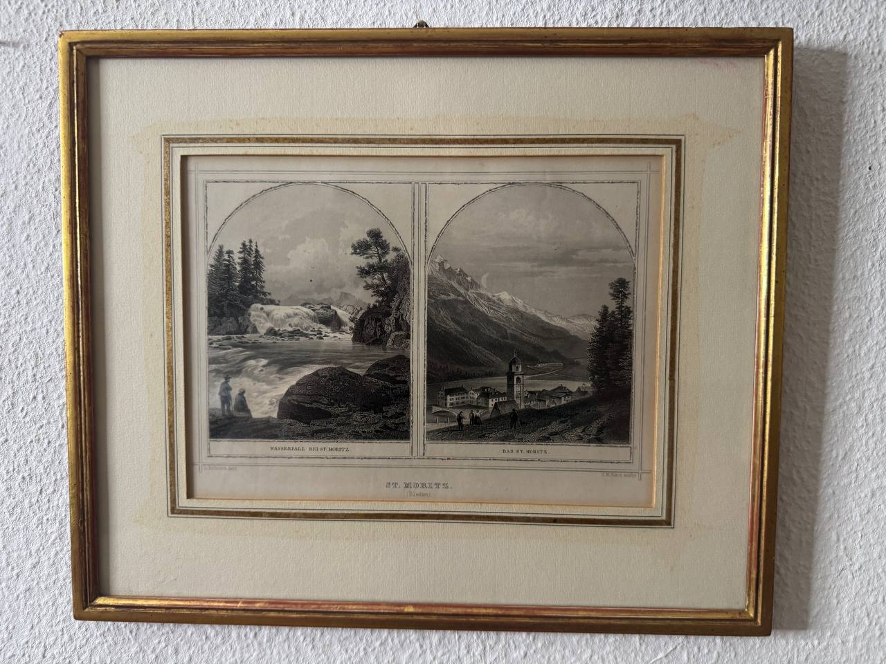 St. Moritz (Bündten) – Wasserfall bei St. Moritz & Bad St. Moritz, Stahlstich nach L. Rohbock — Vorderseite
