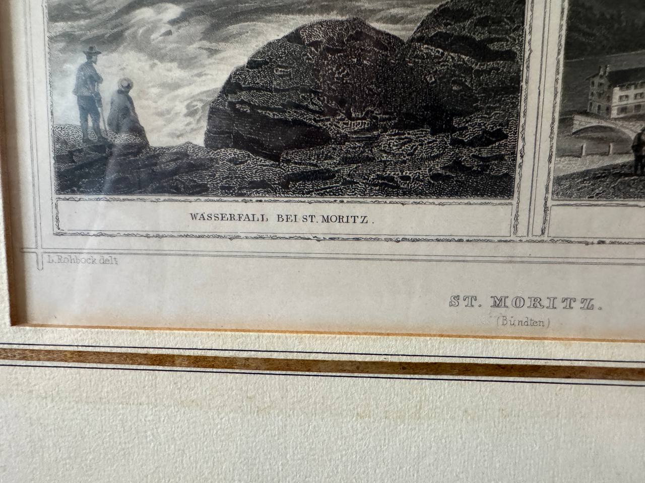 St. Moritz (Bündten) – Wasserfall bei St. Moritz & Bad St. Moritz, Stahlstich nach L. Rohbock — Inschrift