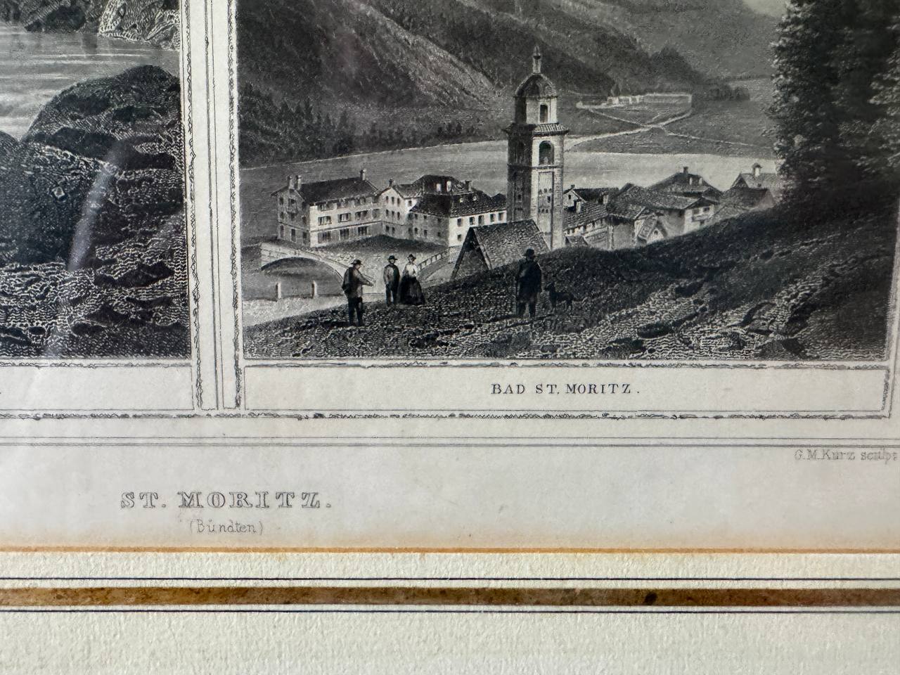 St. Moritz (Bündten) – Wasserfall bei St. Moritz & Bad St. Moritz, Stahlstich nach L. Rohbock — Inschrift