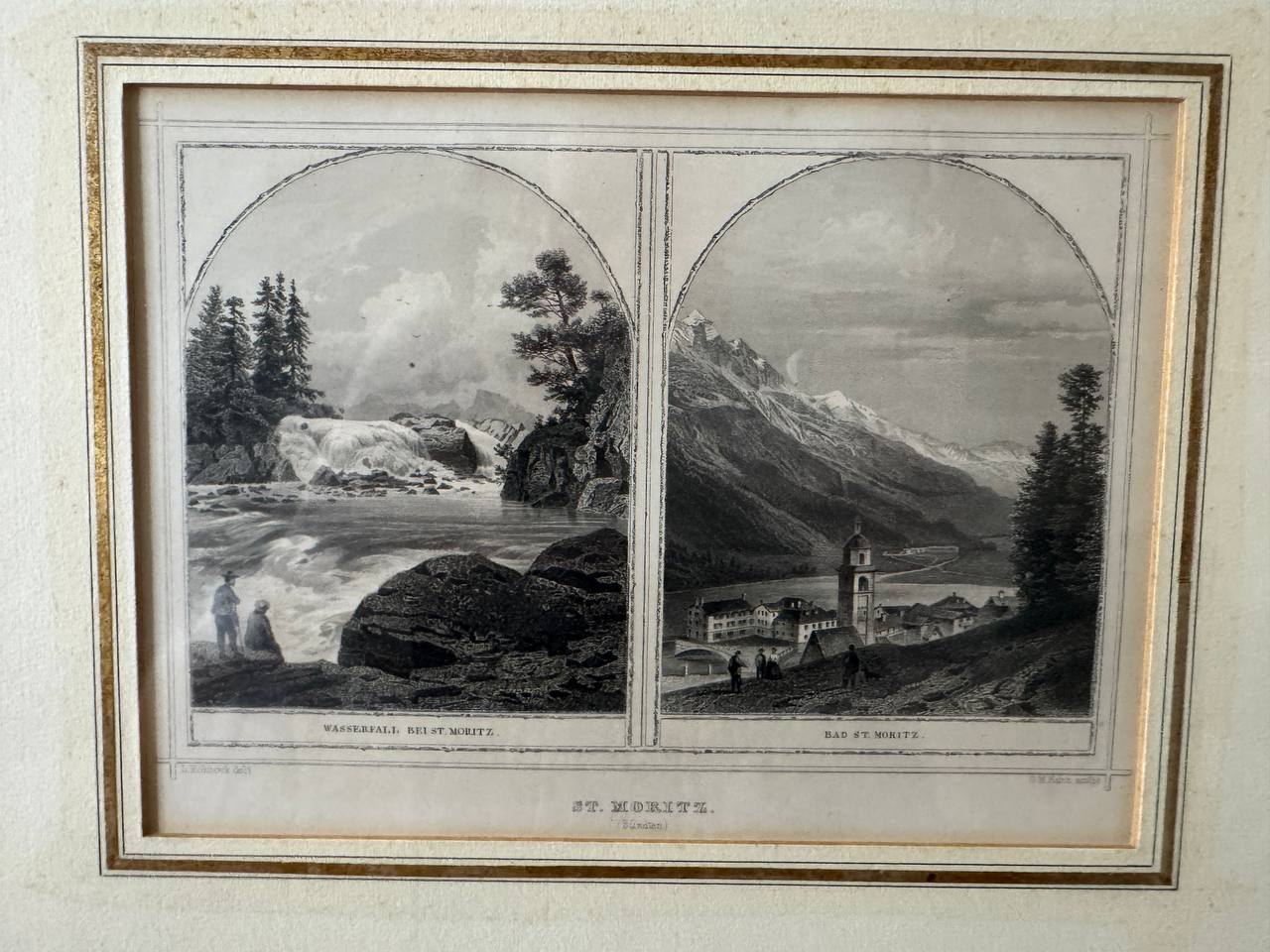 St. Moritz (Bündten) – Wasserfall bei St. Moritz & Bad St. Moritz, Stahlstich nach L. Rohbock — Vorderseite
