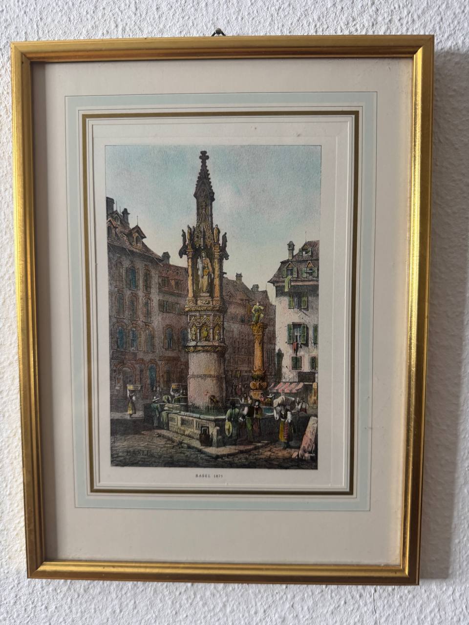 Basel 1875 – Der Fischmarktbrunnen mit gotischem Brunnenstock und Marktszene — Vorderseite