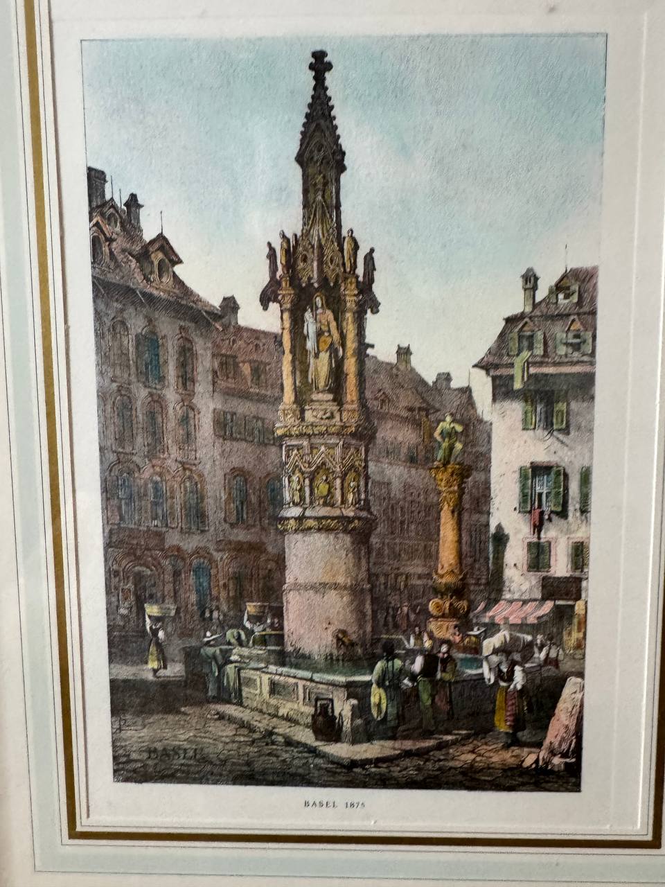 Basel 1875 – Der Fischmarktbrunnen mit gotischem Brunnenstock und Marktszene — Vorderseite