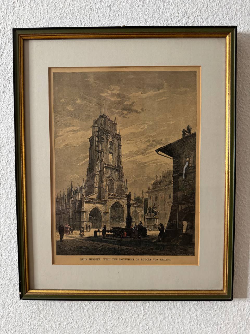 ベルン大聖堂とルドルフ・フォン・エルラッハ記念碑 ― 手彩色木口木版画、19世紀です — Vorderseite