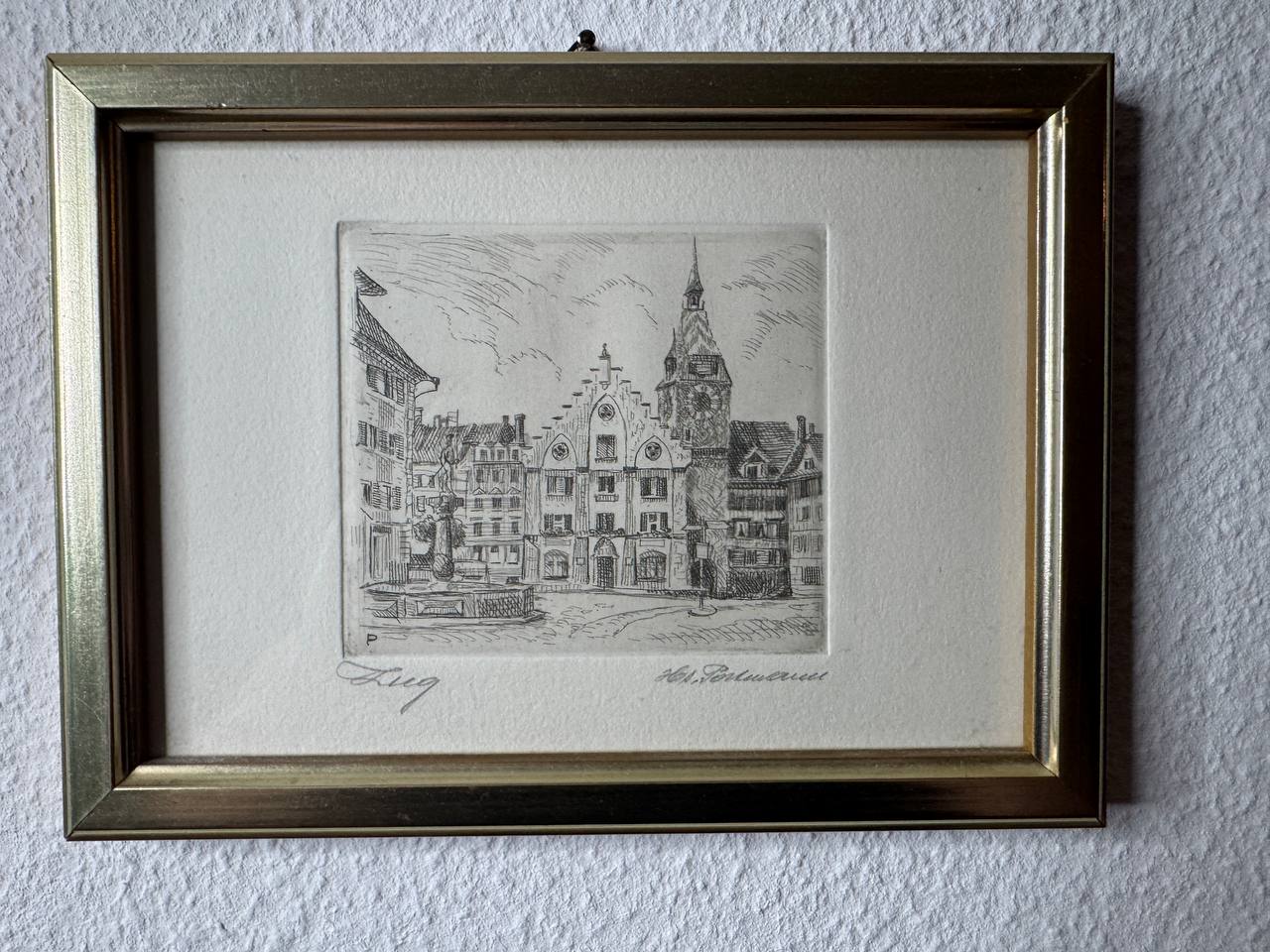 Zug – Kolinplatz with Clock Tower and Fountain, Original Etching — Vorderseite