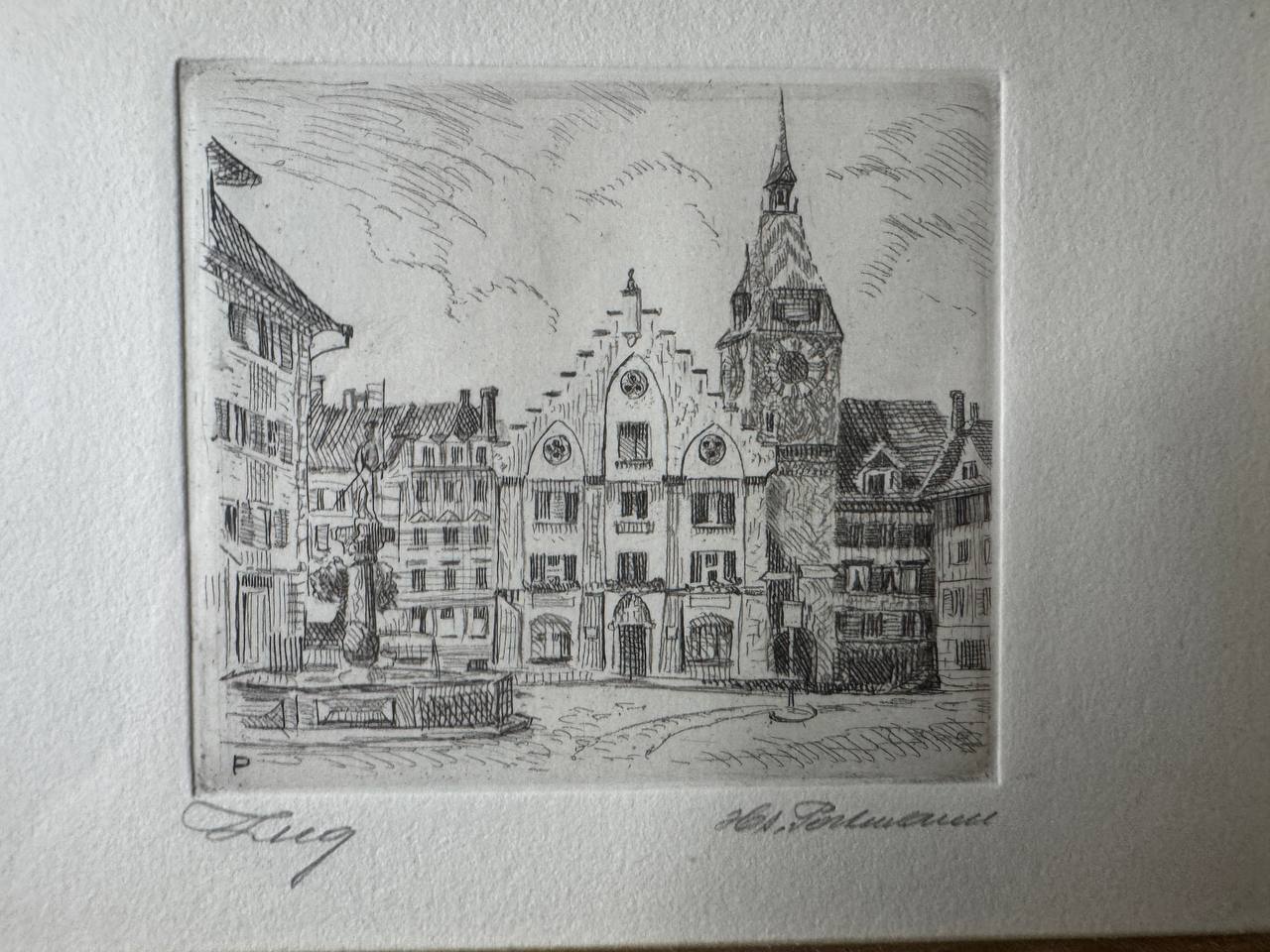 Zug – Kolinplatz with Clock Tower and Fountain, Original Etching — Inschrift