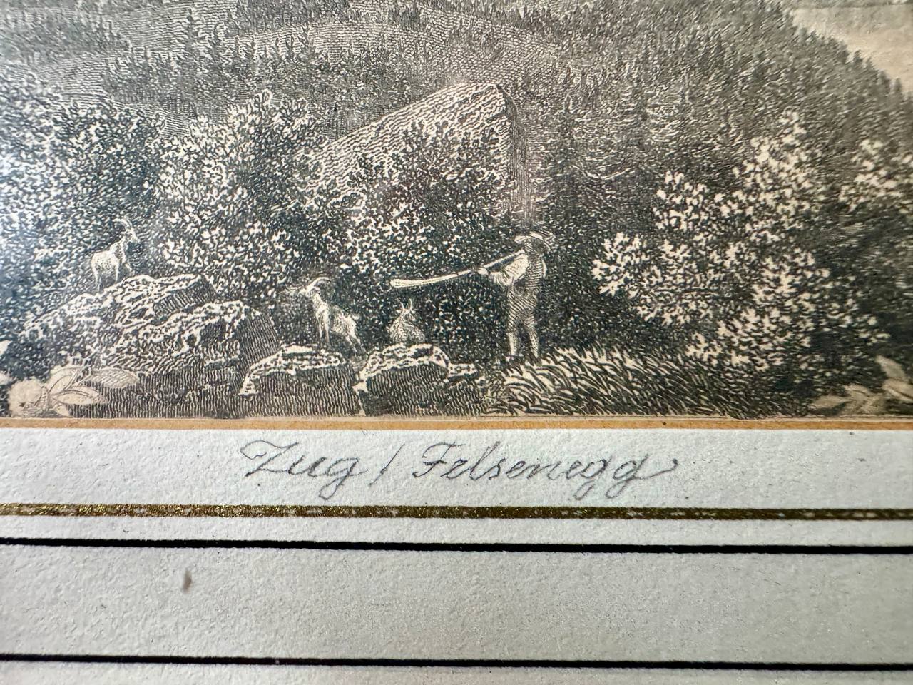 Zug / Felsenegg – Romantische Ansicht mit Blick auf den Zugersee und die Berge — Inschrift