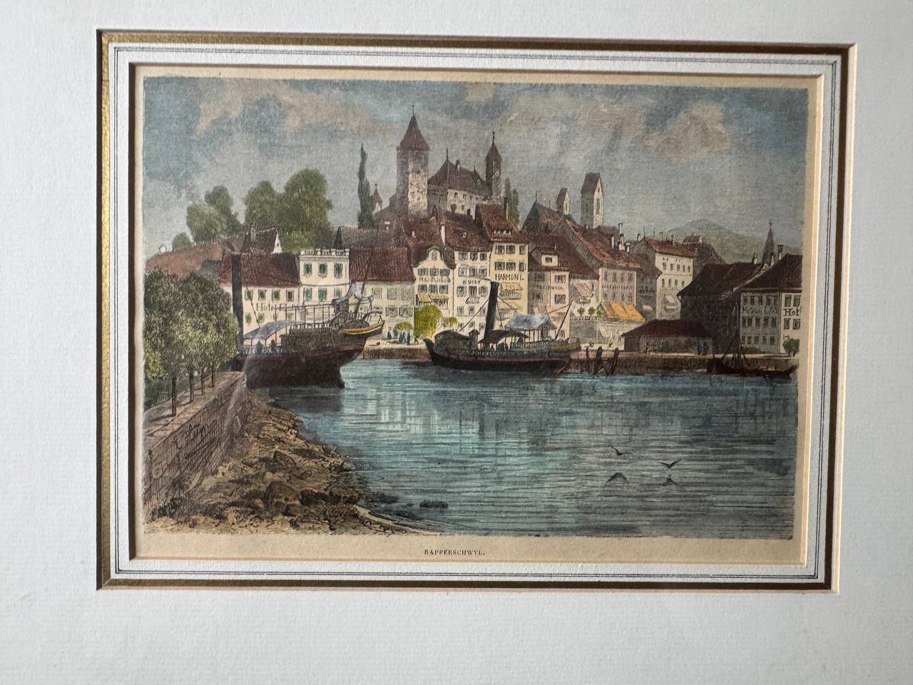 Rapperswil am Zürichsee — Kolorierte Vedute mit Schloss und Hafen — Vorderseite
