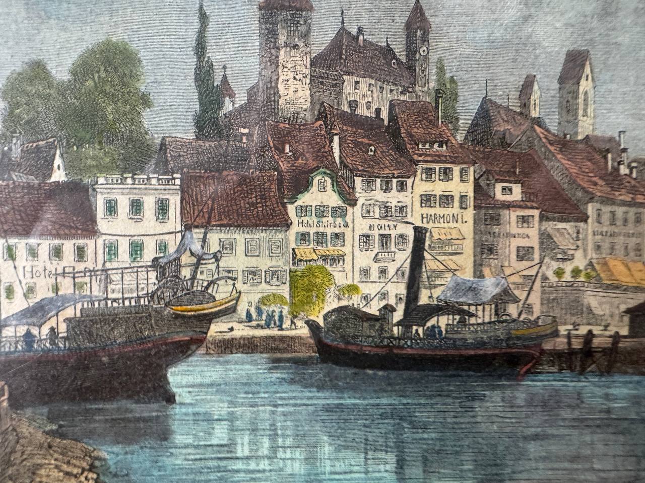 Rapperswil am Zürichsee — Kolorierte Vedute mit Schloss und Hafen — Inschrift