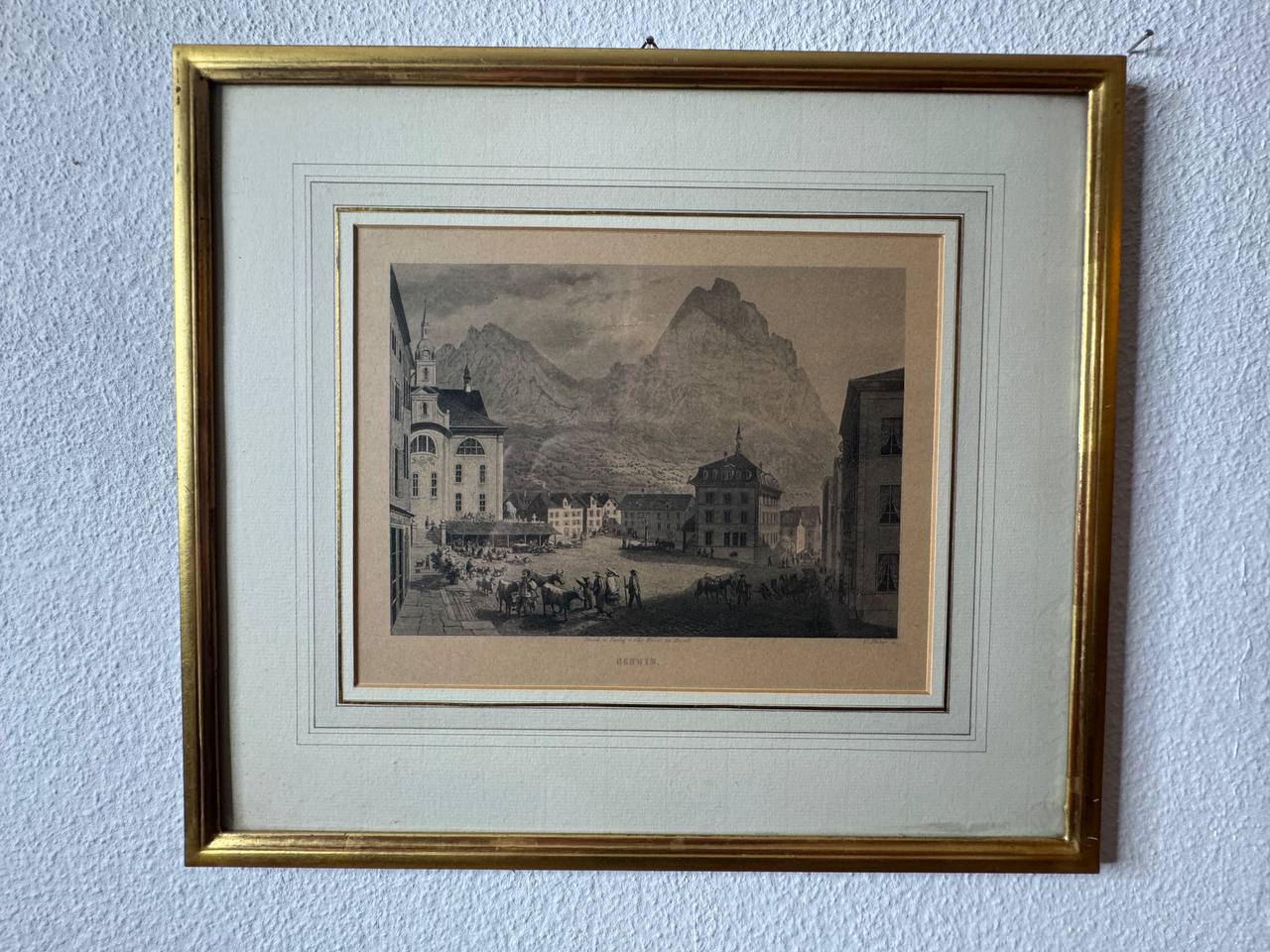 Schwyz – Marktplatz mit den Mythen, Stahlstich um 1850 — Vorderseite