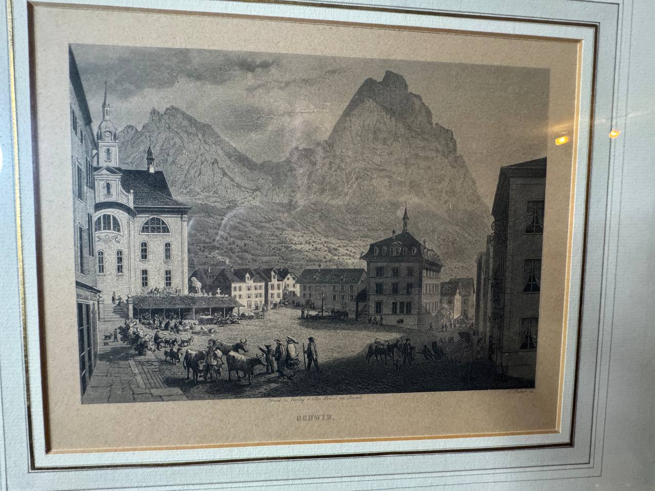 Schwyz – Marktplatz mit den Mythen, Stahlstich um 1850 — Vorderseite