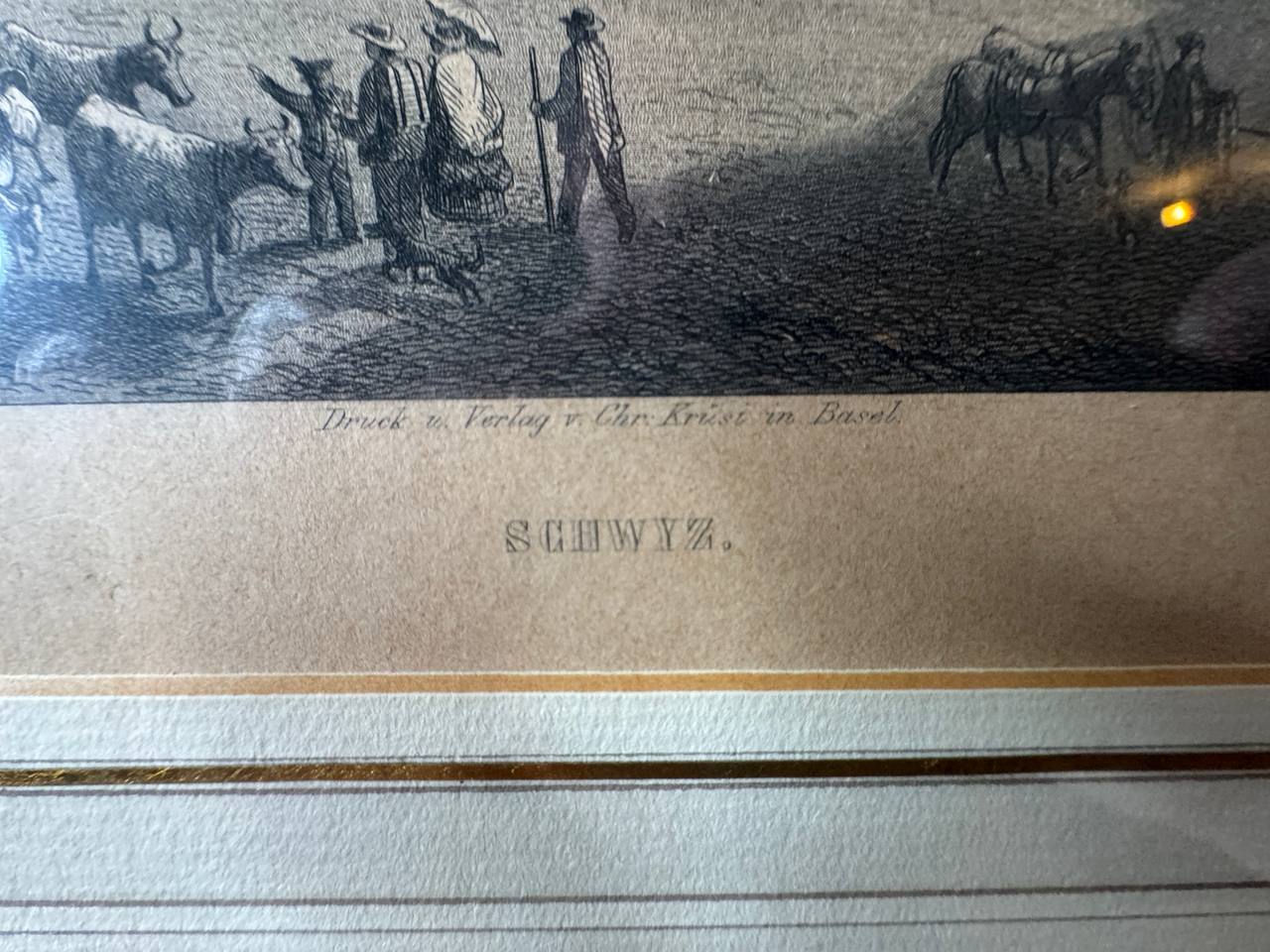 Schwyz – Marktplatz mit den Mythen, Stahlstich um 1850 — Inschrift
