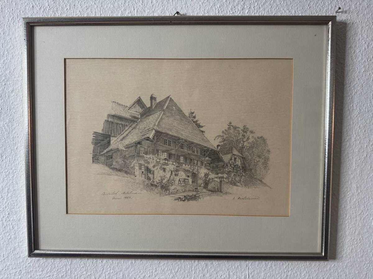 Birliloch, Melchnau – Emmentaler Bauernhaus, Federzeichnung 1962 — Vorderseite