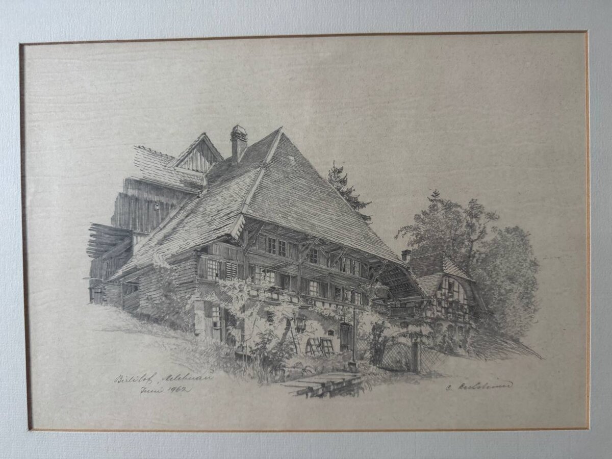 Birliloch, Melchnau – Emmentaler Bauernhaus, Federzeichnung 1962 — Vorderseite