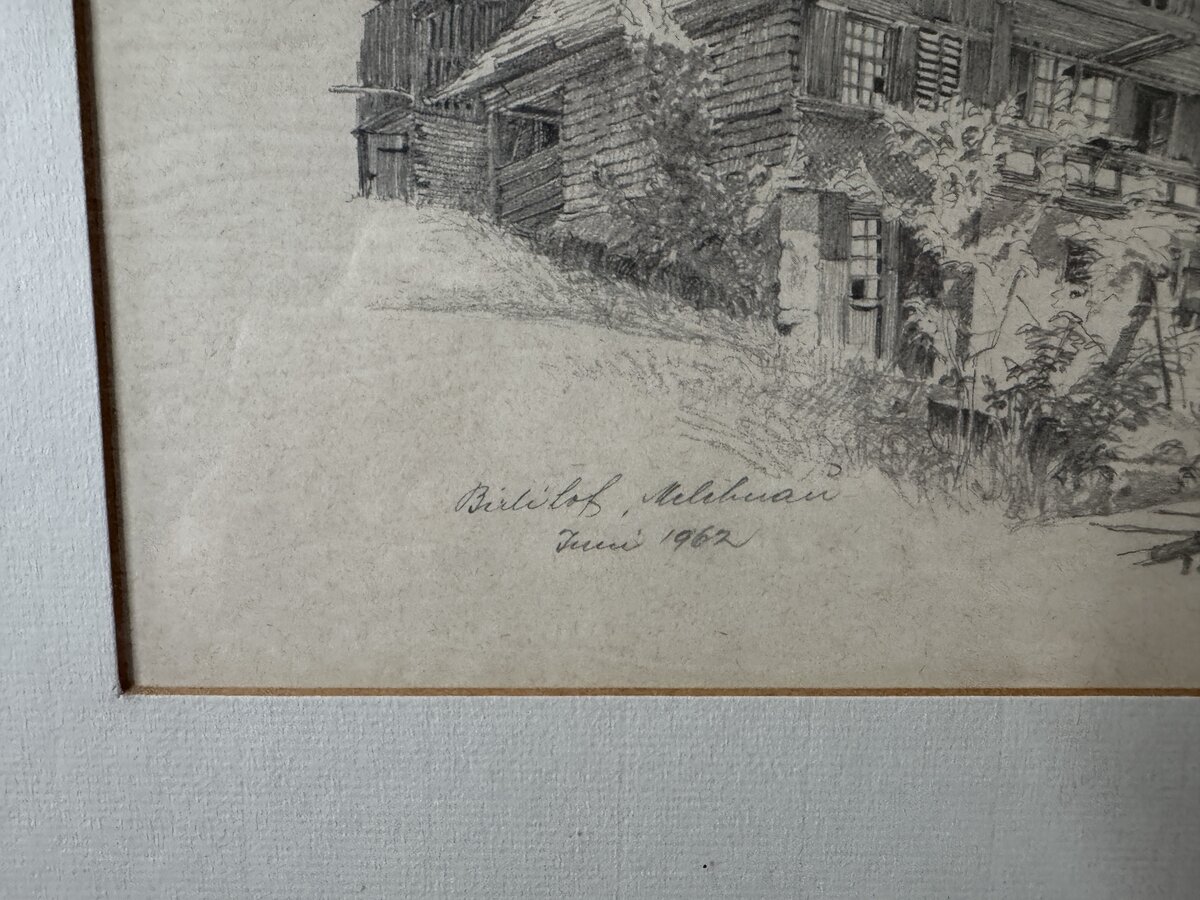 Birliloch, Mellibnau — Emmental Farmhouse, Pencil Drawing 1962 — Inschrift