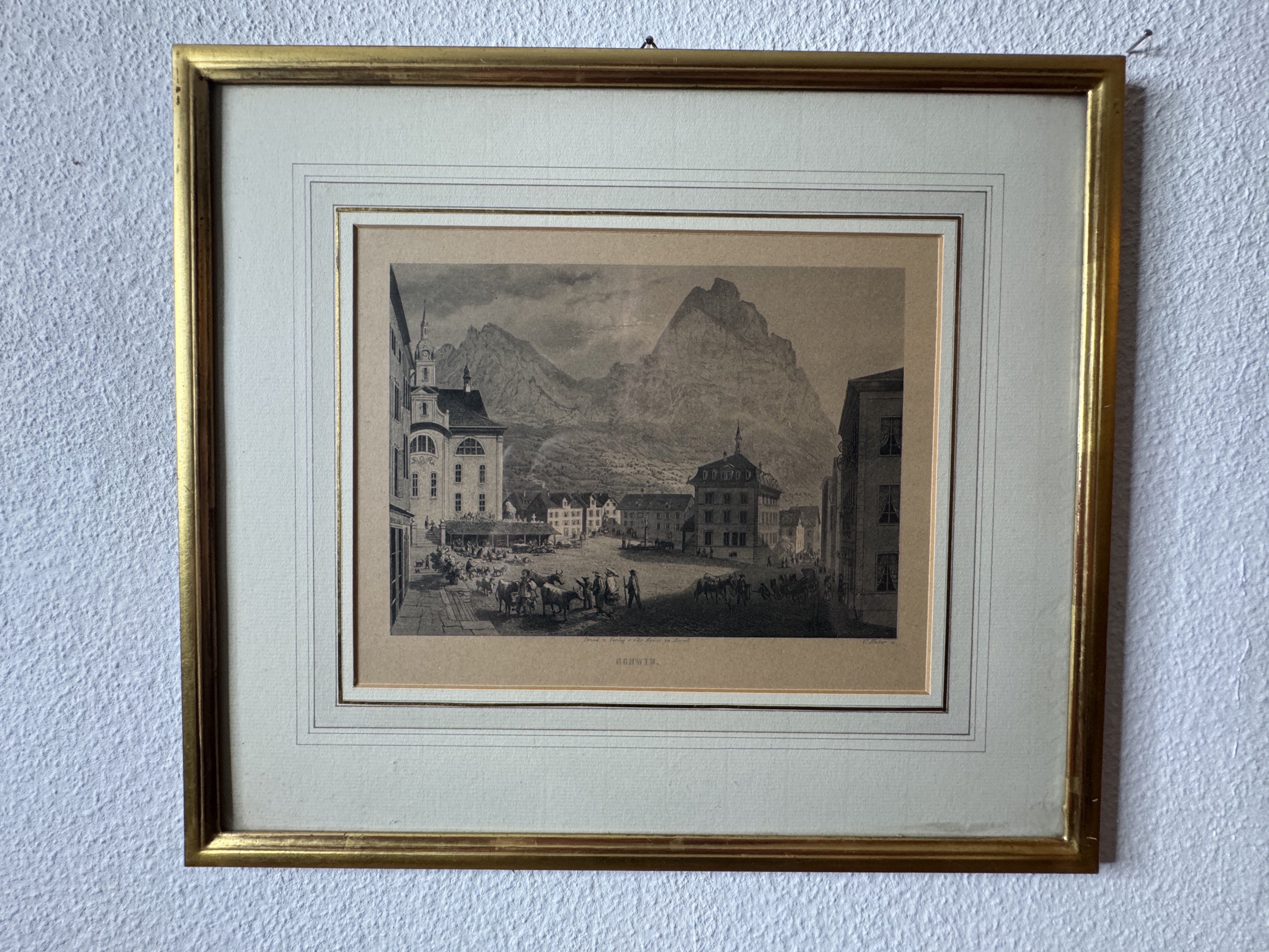 Schwyz – Marktplatz mit Mythen, Stahlstich von C. Huber, Verlag Chr. Krüsi Basel