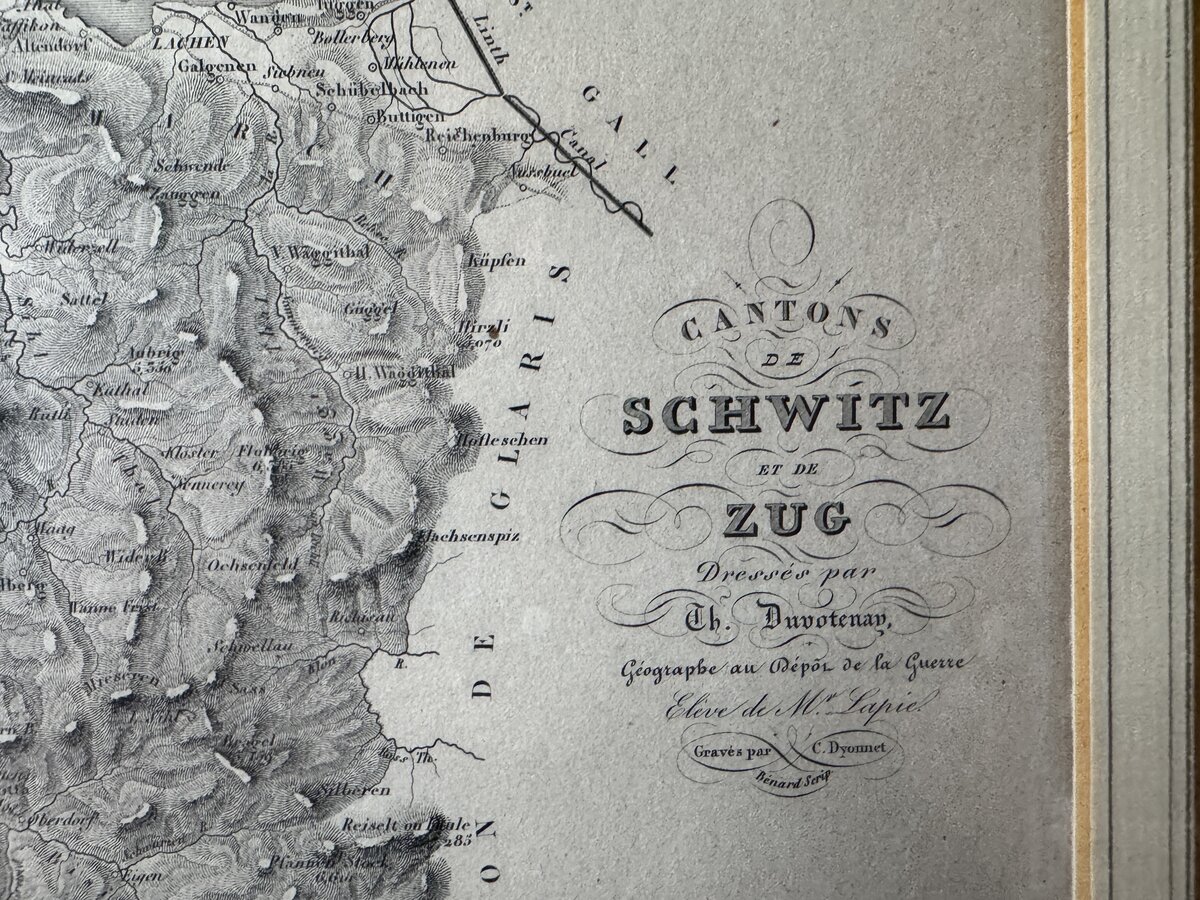 Cantons de Schwitz et de Zug – Copper Engraving Map by Th. Duvotenay, c. 1840 — Inschrift