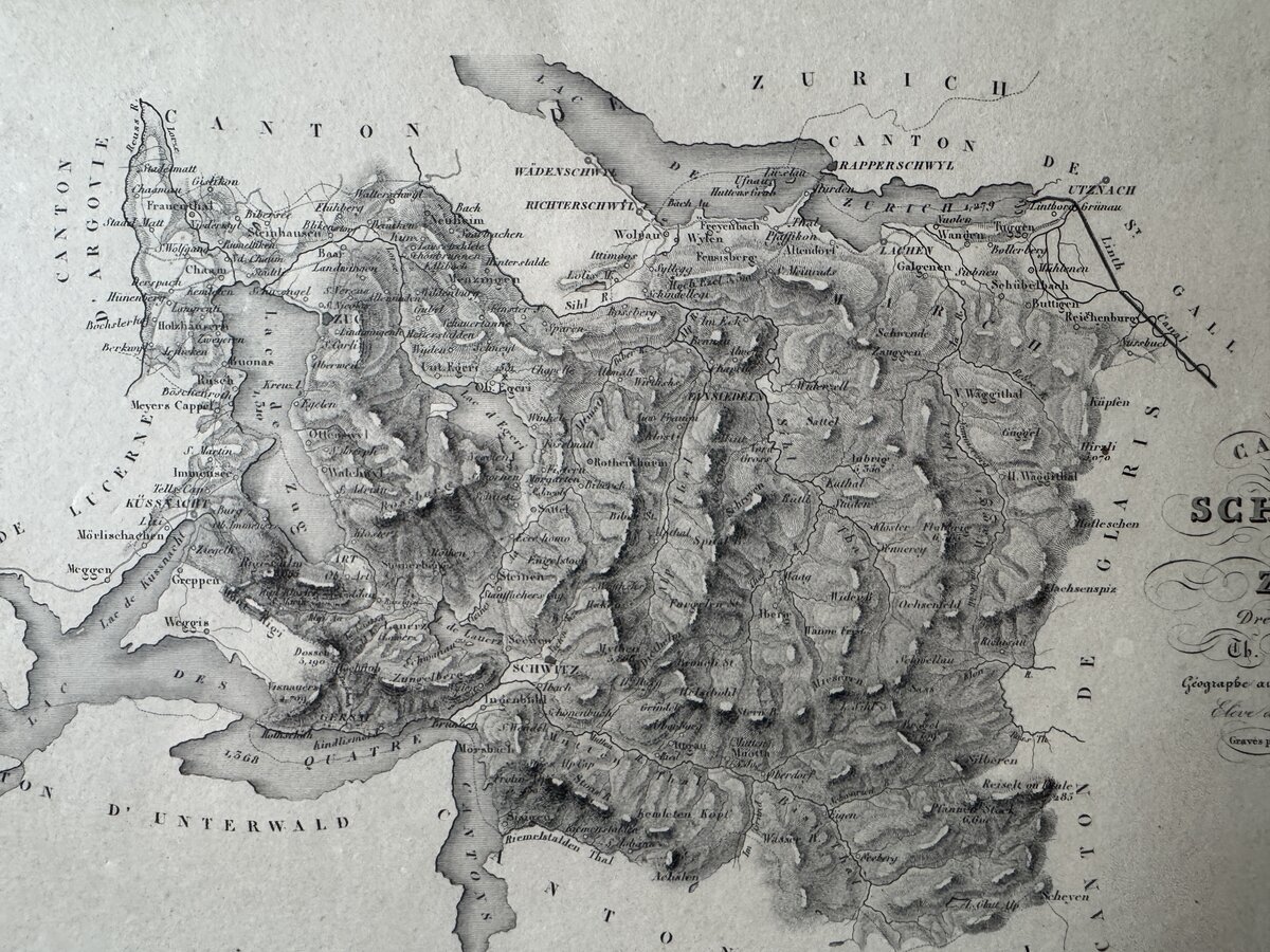 Cantons de Schwitz et de Zug – Copper Engraving Map by Th. Duvotenay, c. 1840 — Inschrift