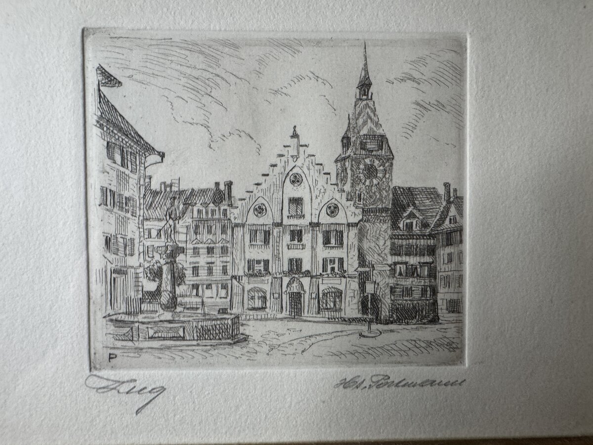 Historische Stadtansicht von Zug mit Brunnen und Turm — Inschrift