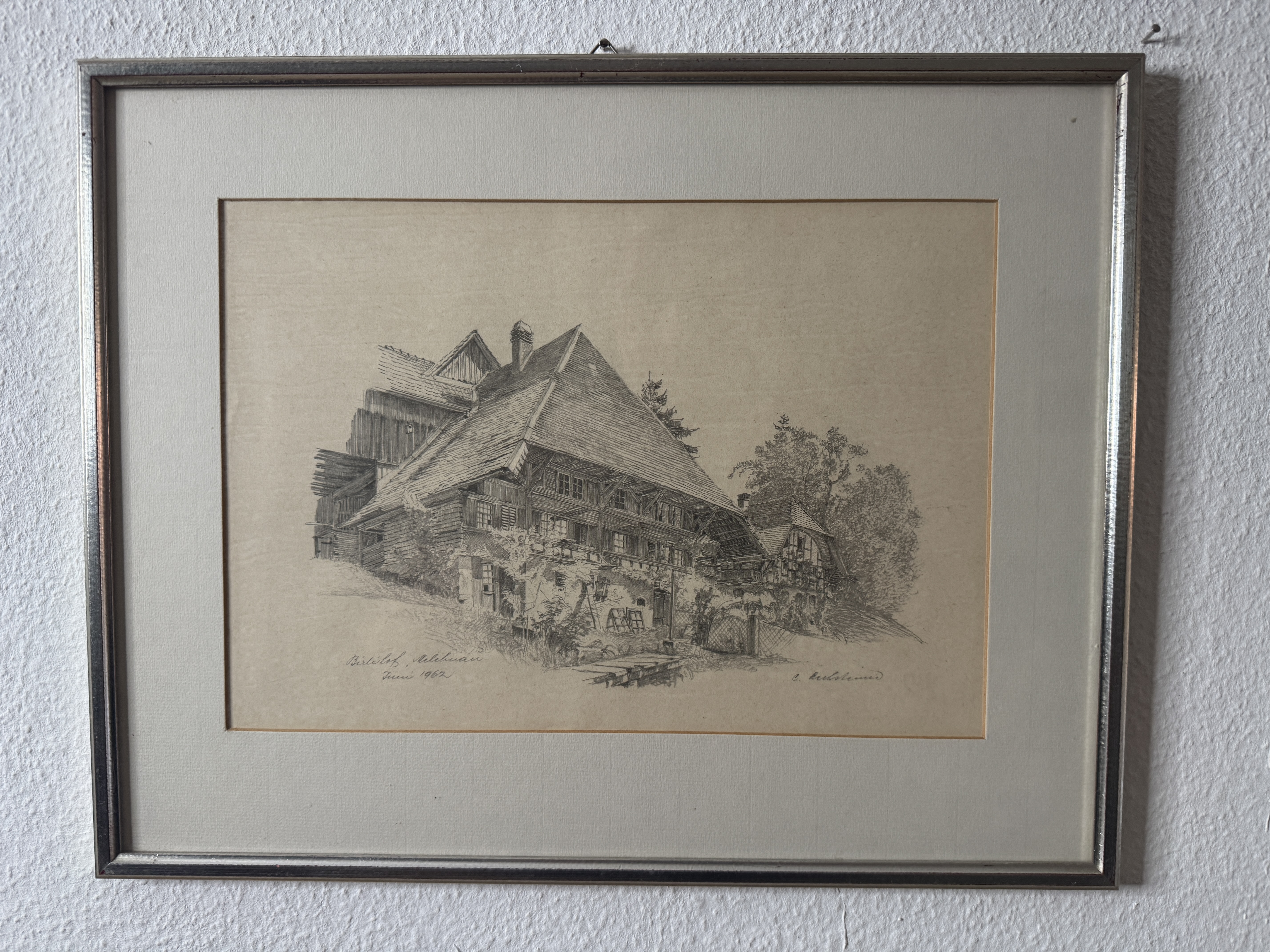 Emmentaler Bauernhaus «Birlihof, Mettlenau» — Bleistiftzeichnung, Juni 1962