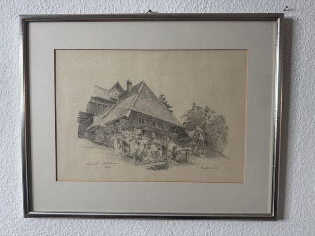 Emmentaler Bauernhaus «Birlihof, Mettlenau» — Bleistiftzeichnung 1962