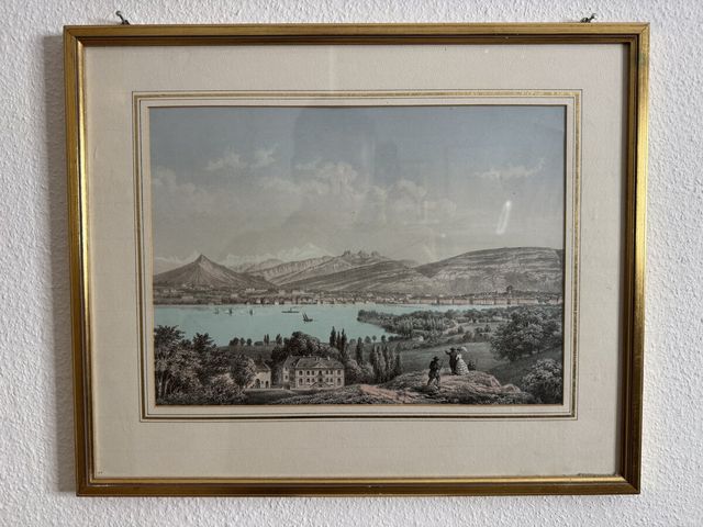 Genfersee mit Blick auf Genf – Kolorierte Lithographie, um 1850