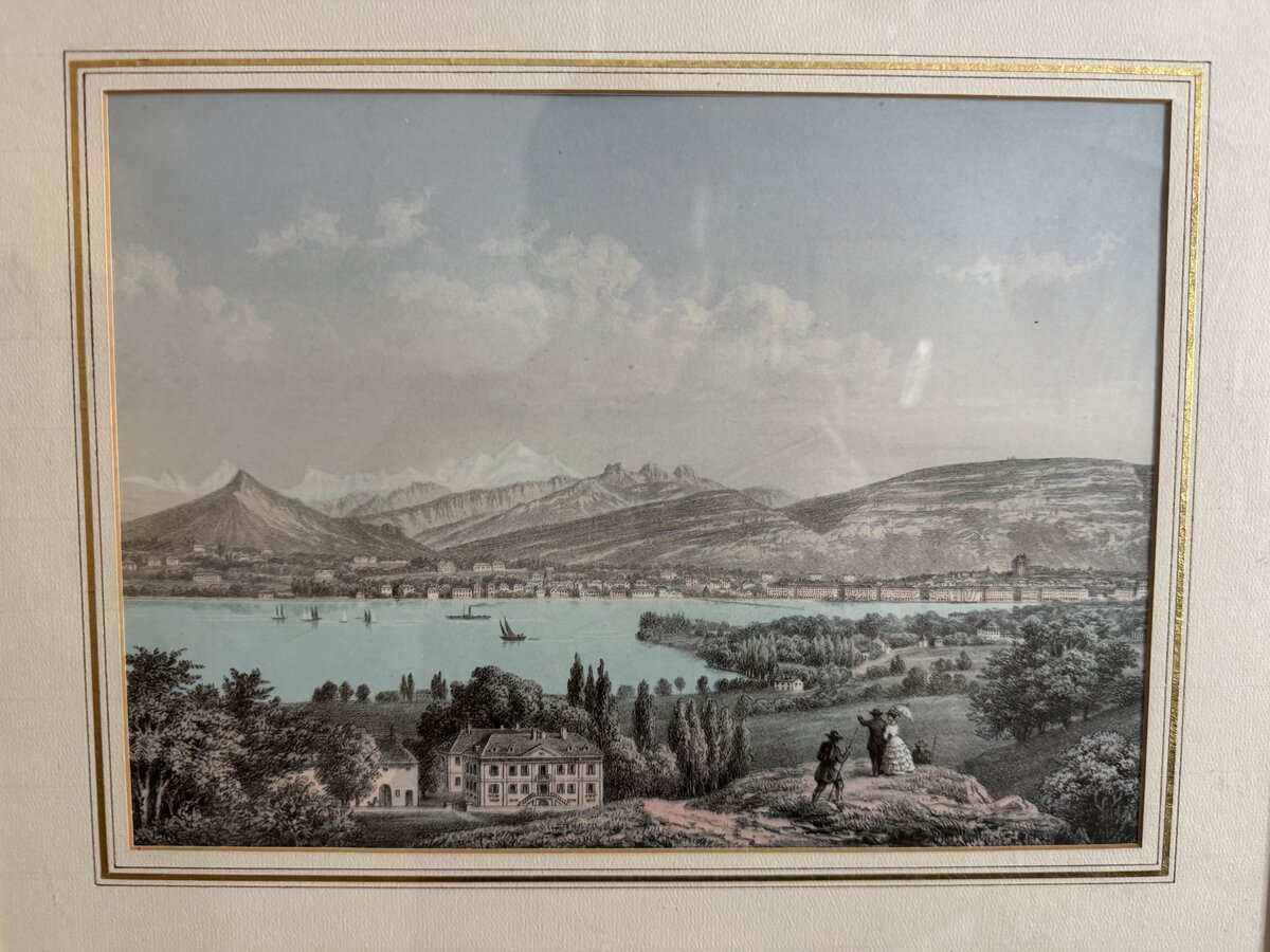 Lake Geneva with View of Geneva – Hand-Coloured Lithograph with Alpine Panorama, c. 1850 — Vorderseite