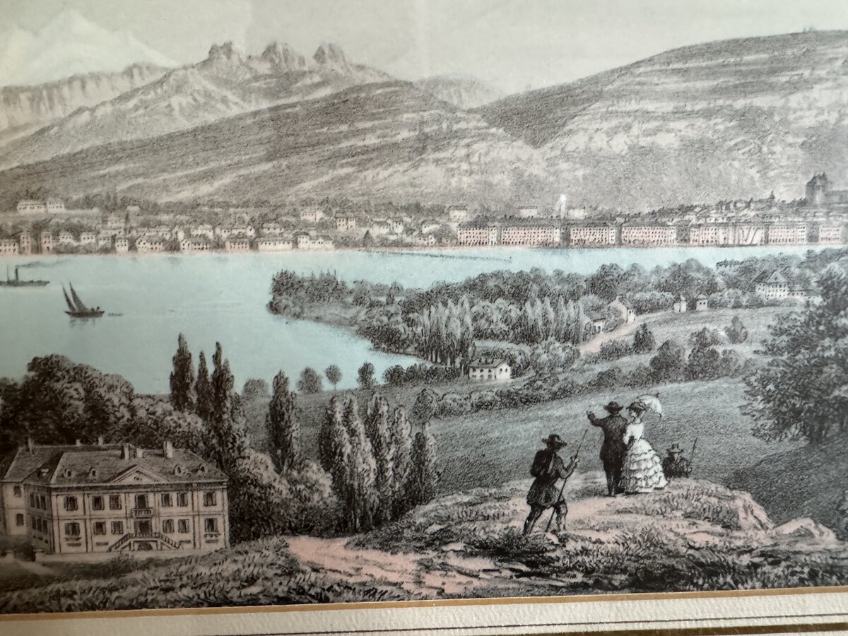 Lake Geneva with View of Geneva – Hand-Coloured Lithograph with Alpine Panorama, c. 1850 — Inschrift