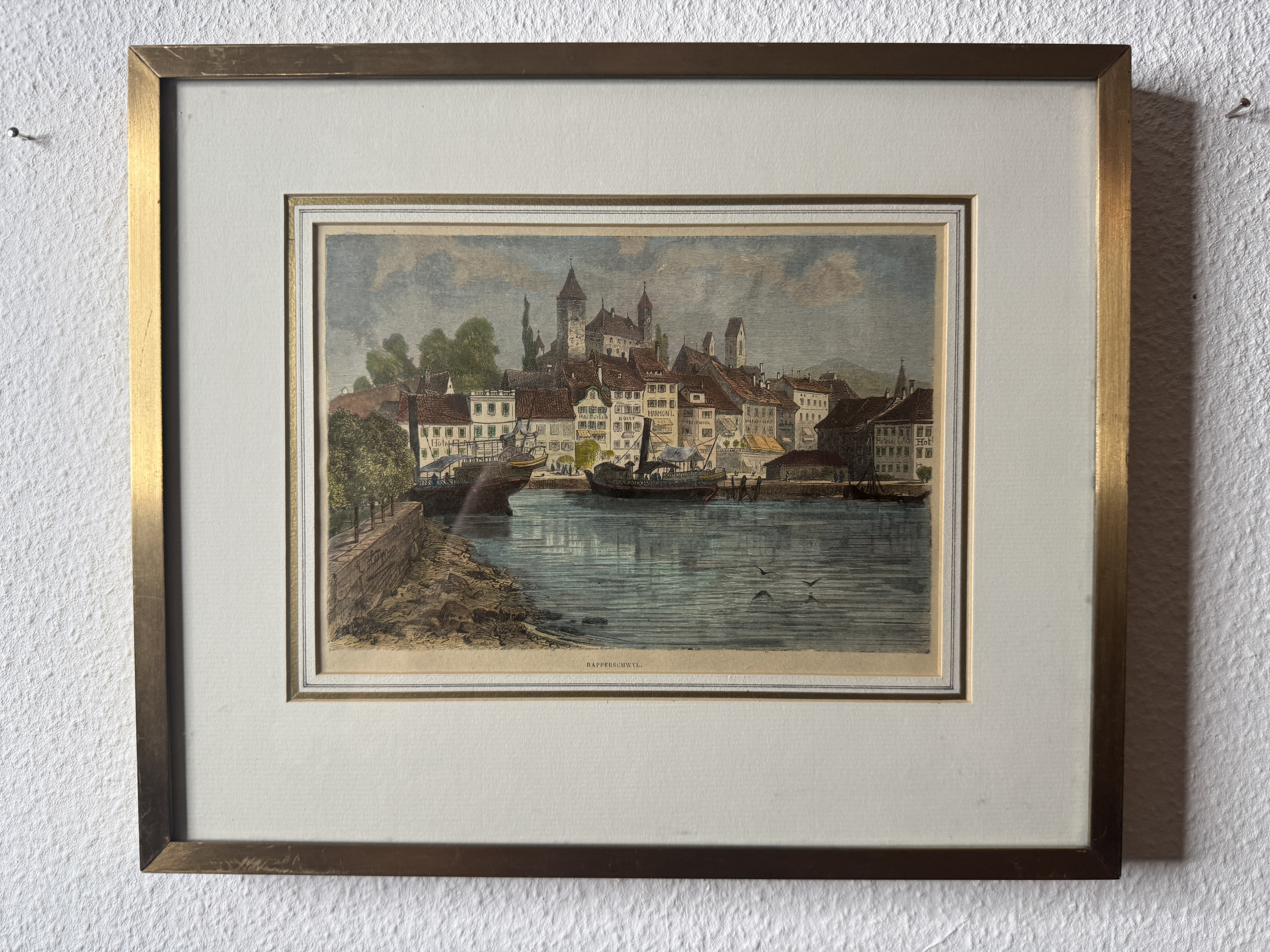 Rapperswil am Zürichsee – Kolorierter Holzstich mit Hafenansicht und Schloss