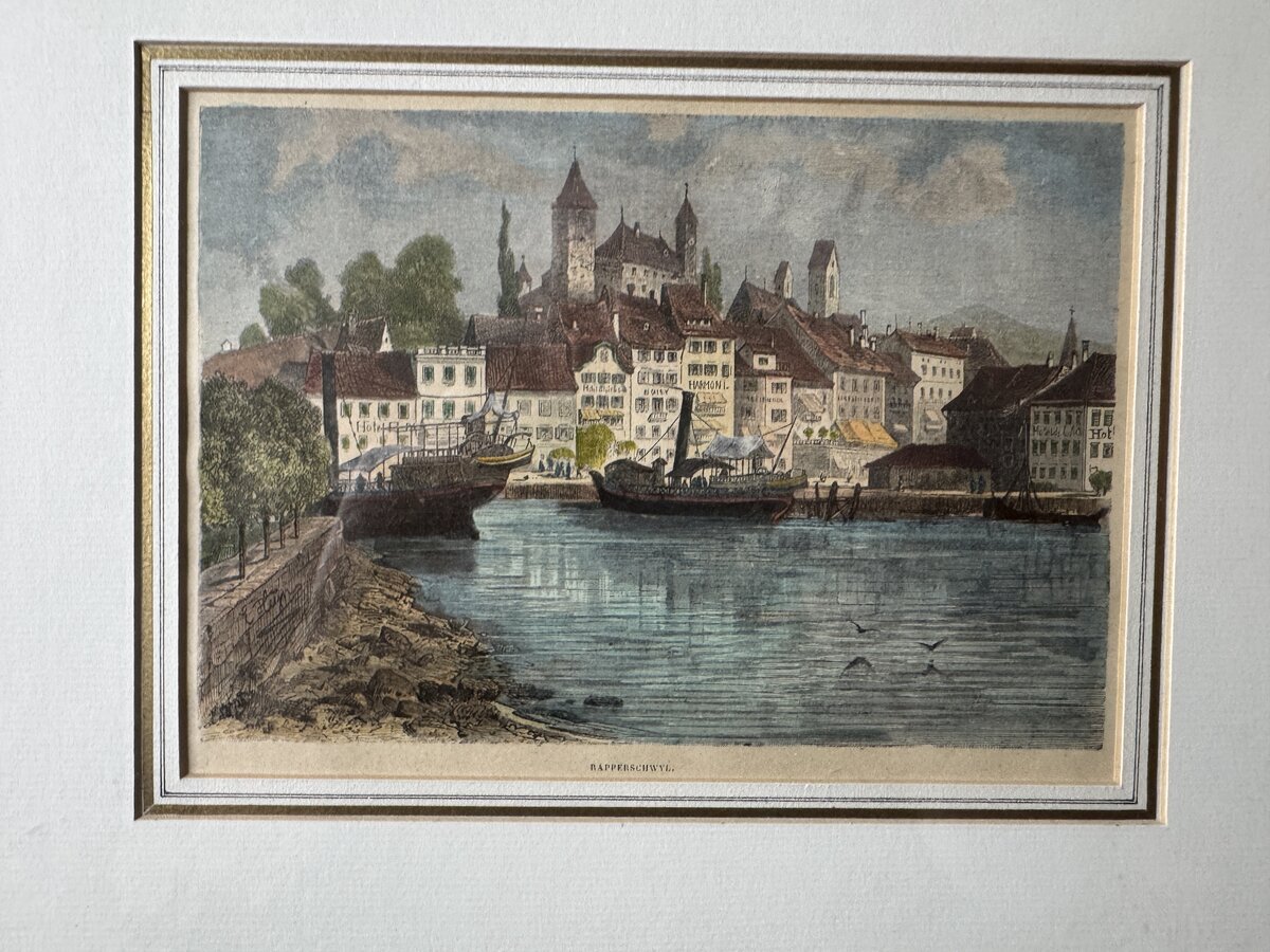 Rapperswil on Lake Zurich – Hand-Coloured Wood Engraving with Harbour View and Castle — Vorderseite
