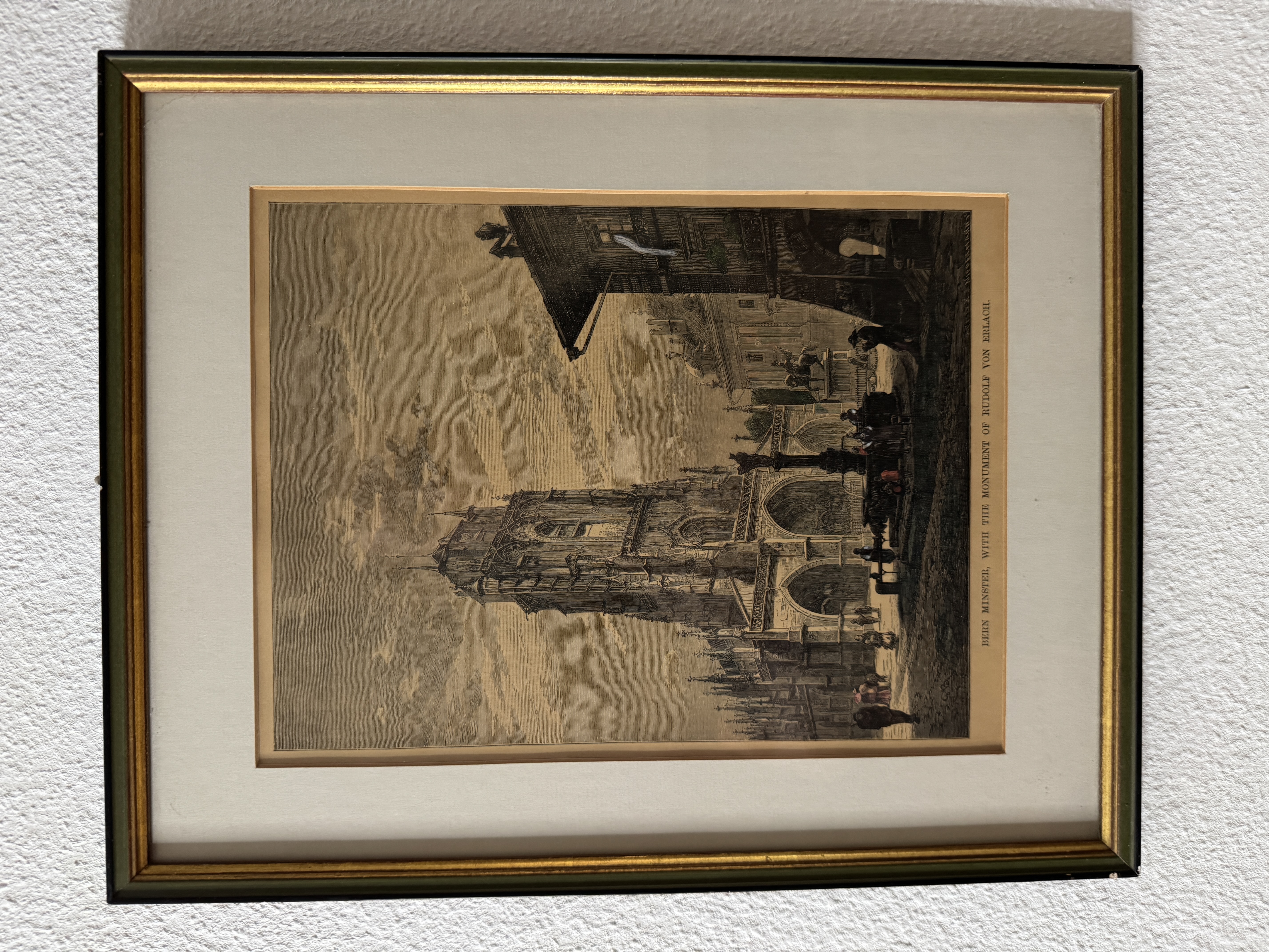 Berner Münster mit dem Denkmal des Rudolf von Erlach – kolorierter Holzstich