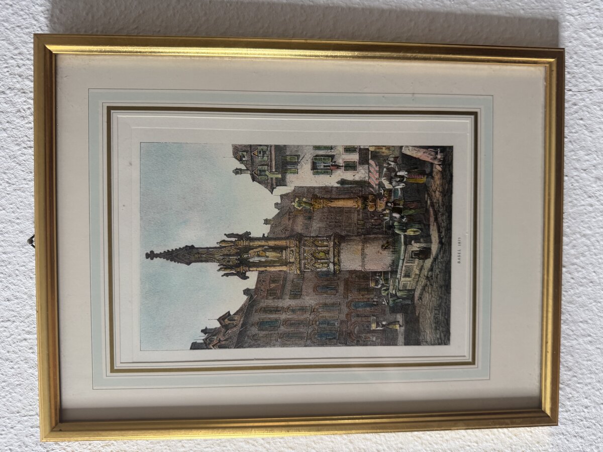 Basel 1875 – The Gothic Fish Market Fountain with Market Scene — Vorderseite