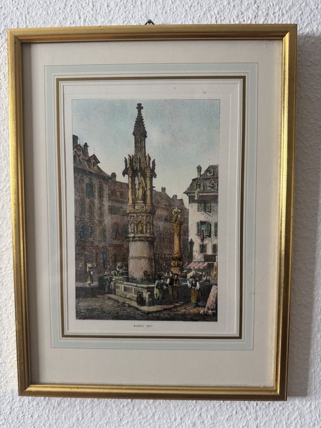 Basel 1875 – Gotischer Fischmarktbrunnen, koloriert & gerahmt