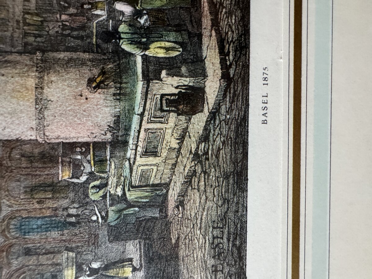 Basel 1875 – The Gothic Fish Market Fountain with Market Scene — Inschrift