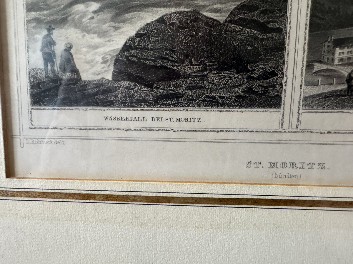 St. Moritz (Grisons) — Waterfall near St. Moritz & Bad St. Moritz, Double View after Ludwig Rohbock — Inschrift