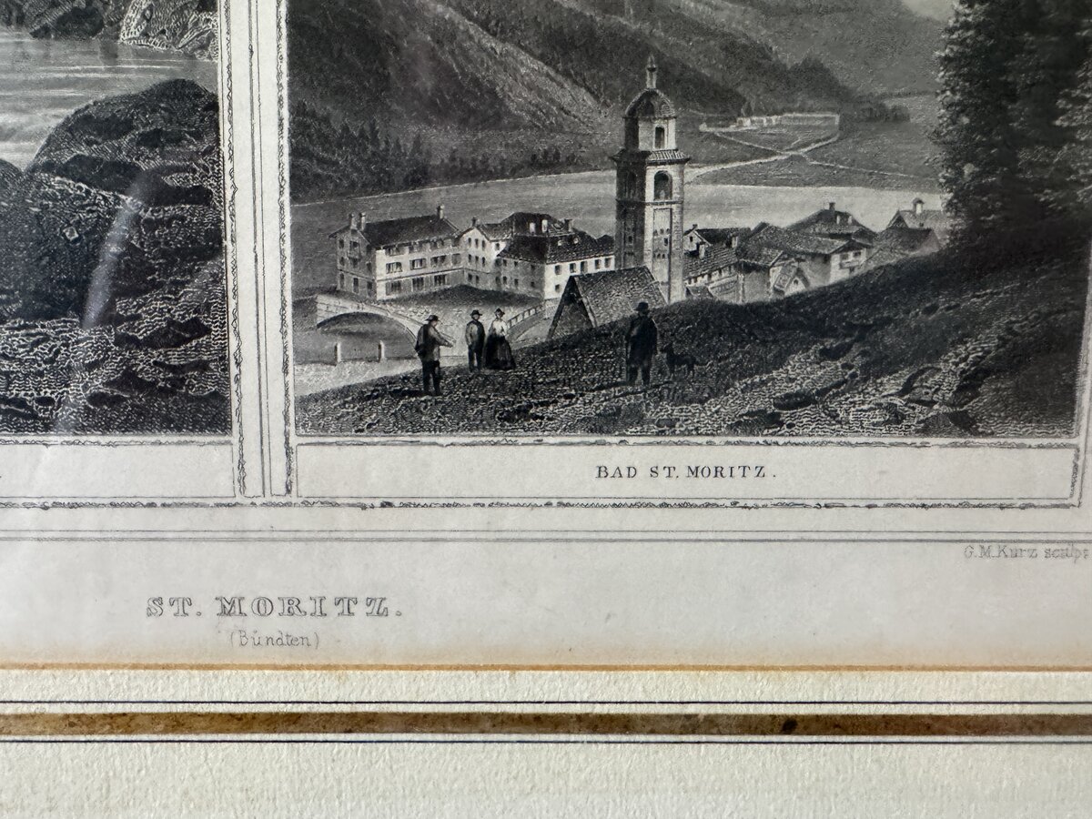 St. Moritz (Grisons) — Waterfall near St. Moritz & Bad St. Moritz, Double View after Ludwig Rohbock — Inschrift