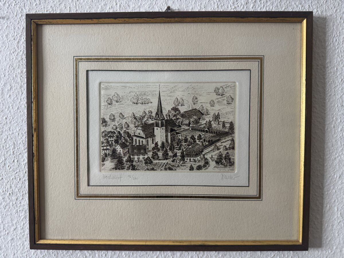 Hochdorf – Dorfansicht mit Pfarrkirche St. Martin, signierte Original-Radierung von Bader — Vorderseite