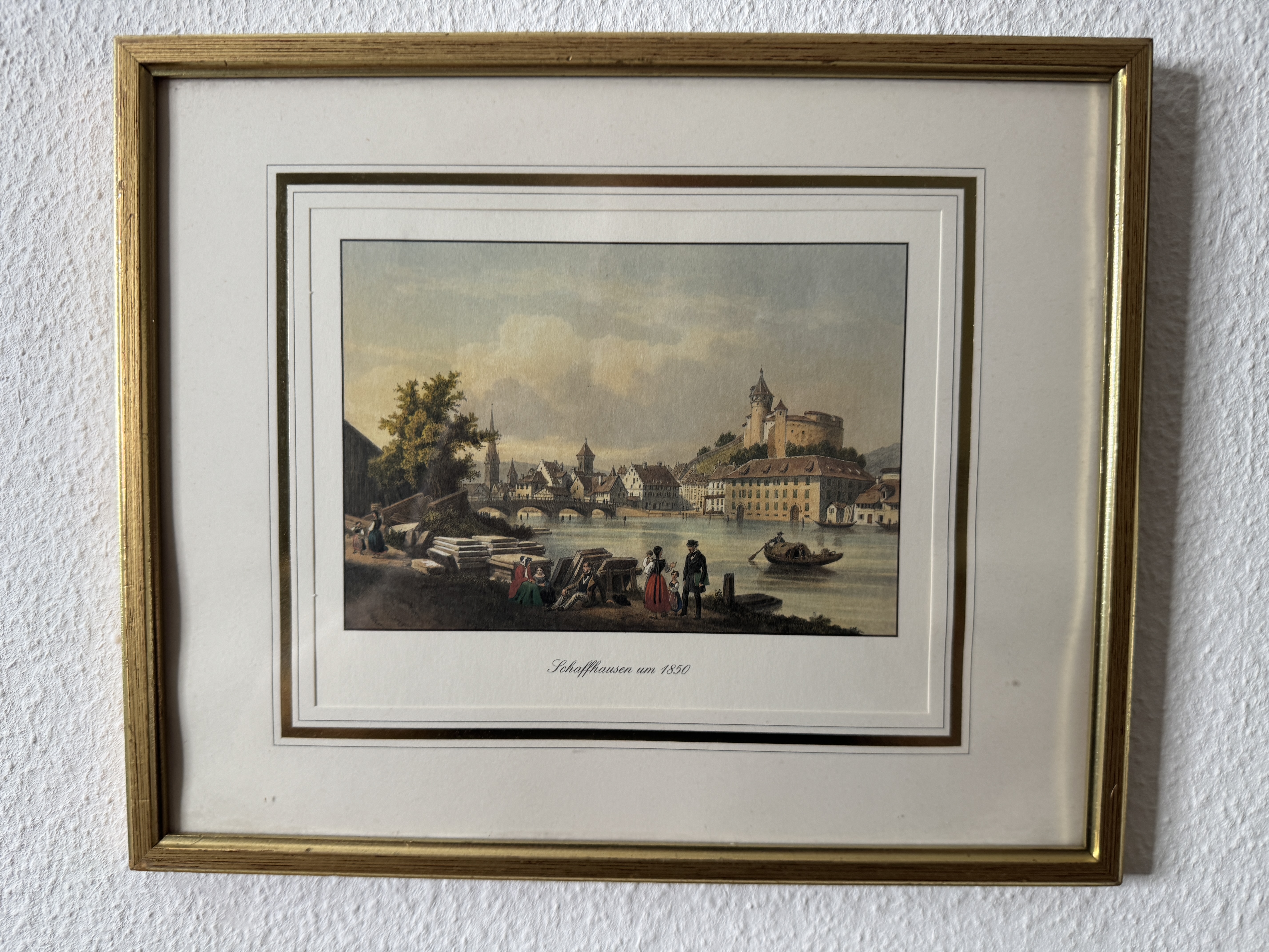 Schaffhausen um 1850 – Kolorierte Ansicht mit Rhein, Munot und Altstadt