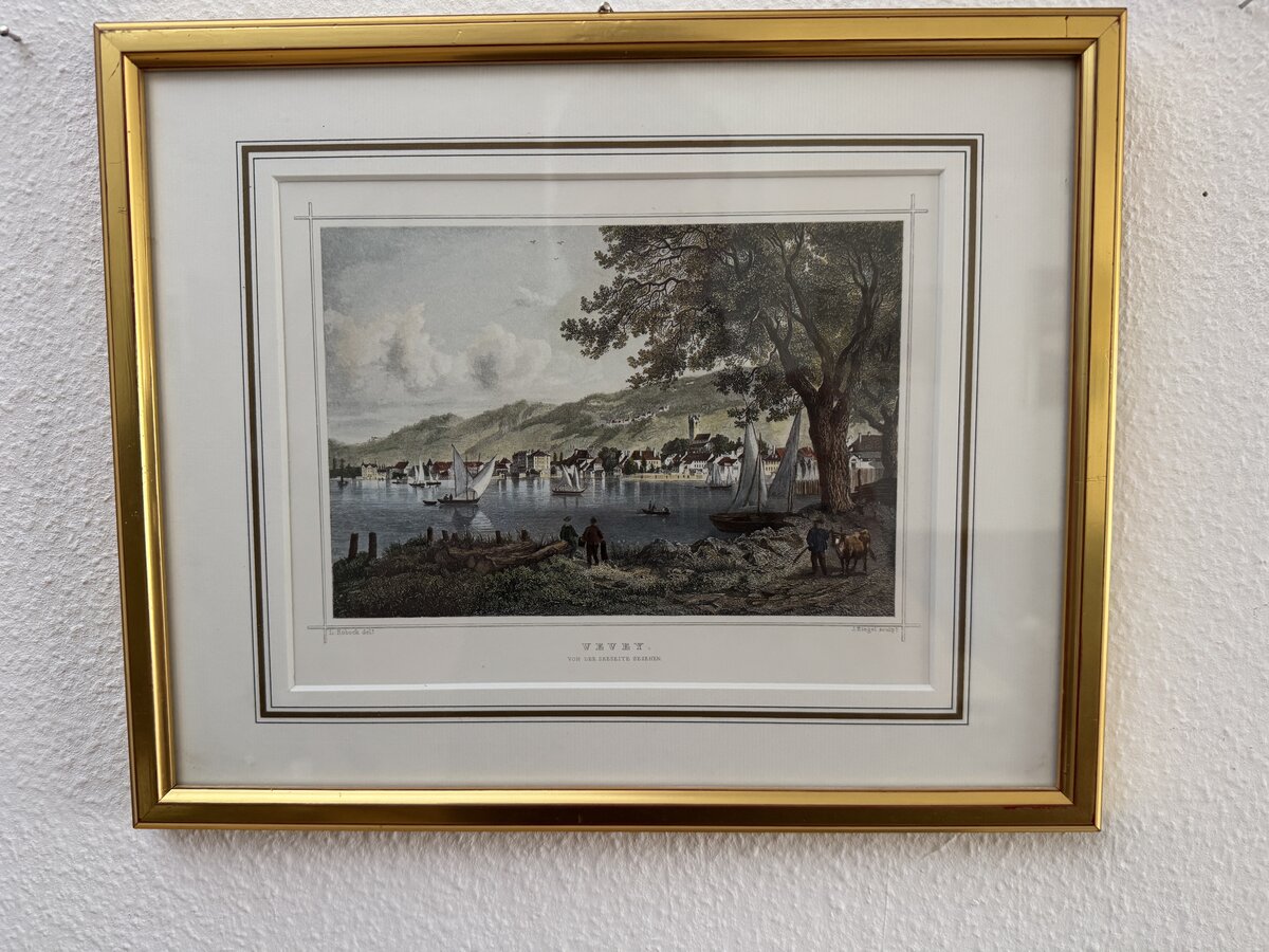Vevey von der Seeseite gesehen – Kolorierter Stahlstich mit Genfersee-Panorama — Vorderseite