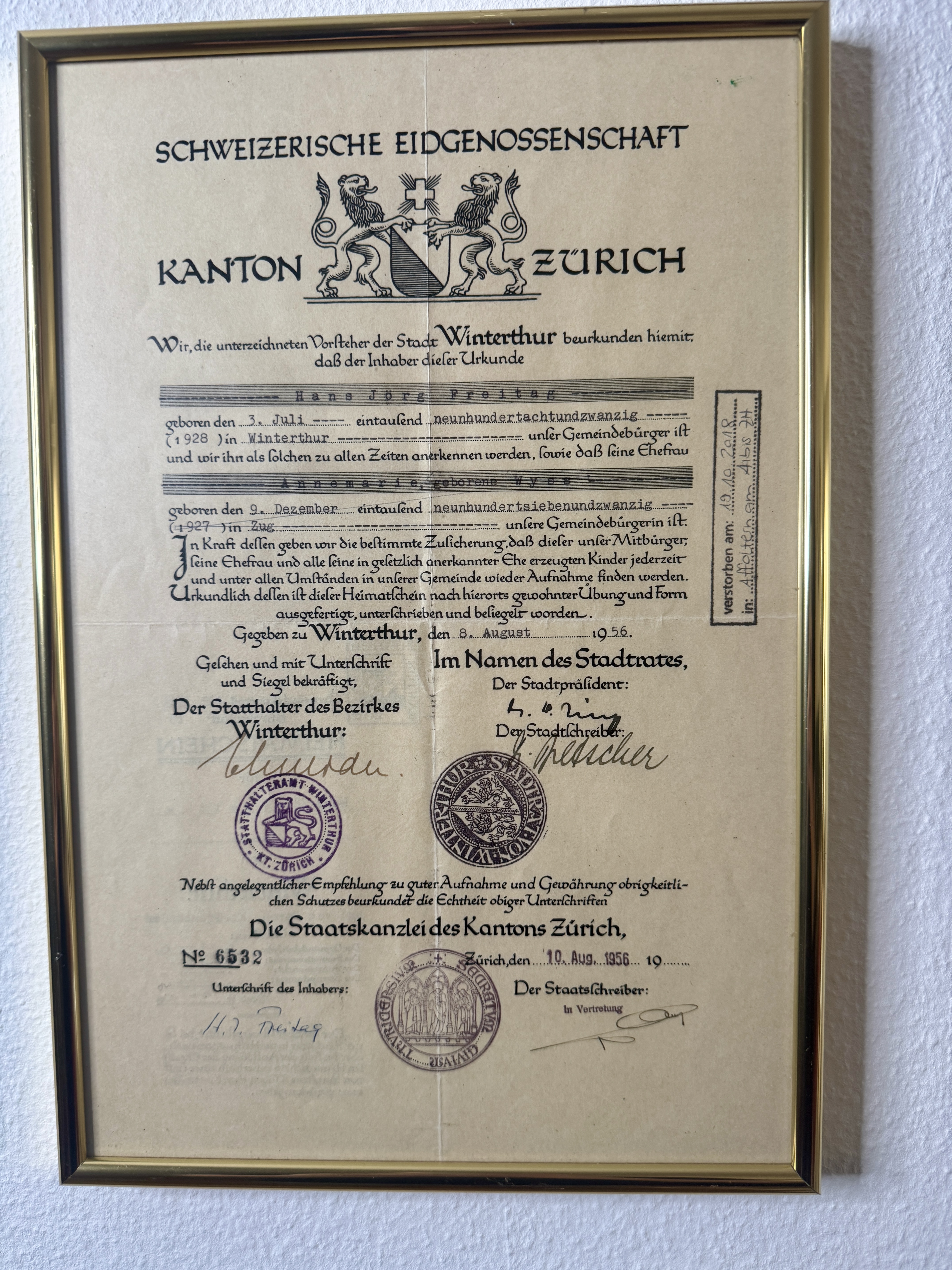 Original Heimatschein Kanton Zürich – Stadt Winterthur, ausgestellt 1956