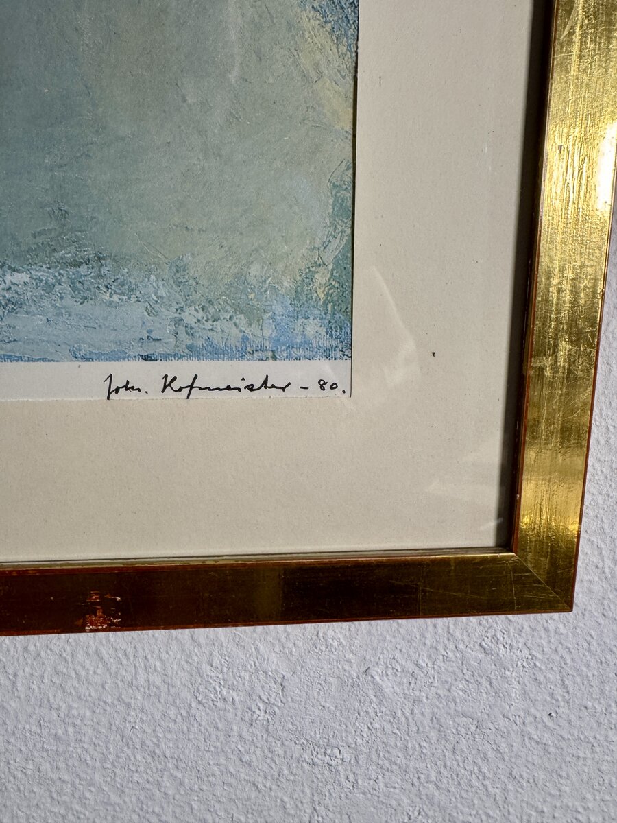 Blaue Figur in Landschaft – Abstrakte Komposition von John Hofmeister, 1980 — Signatur
