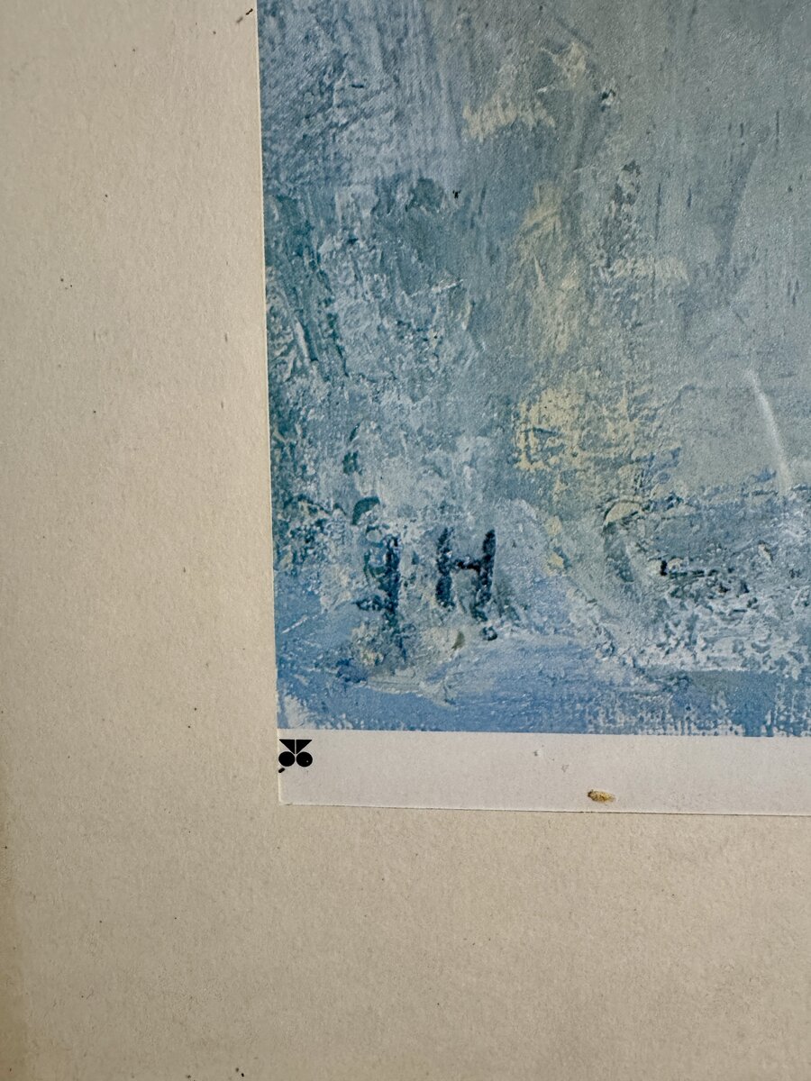 Blaue Figur in Landschaft – Abstrakte Komposition von John Hofmeister, 1980 — Inschrift