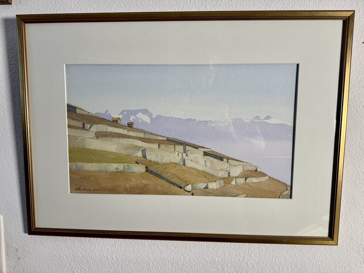 Weinbergterrassen des Lavaux mit Alpenblick über den Genfersee – Original-Aquarell von Michel Tenthorey, 2000 — Vorderseite