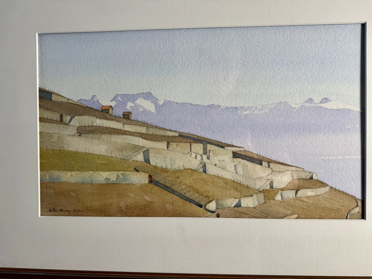 Weinbergterrassen des Lavaux mit Alpenblick über den Genfersee – Original-Aquarell von Michel Tenthorey, 2000 — Vorderseite