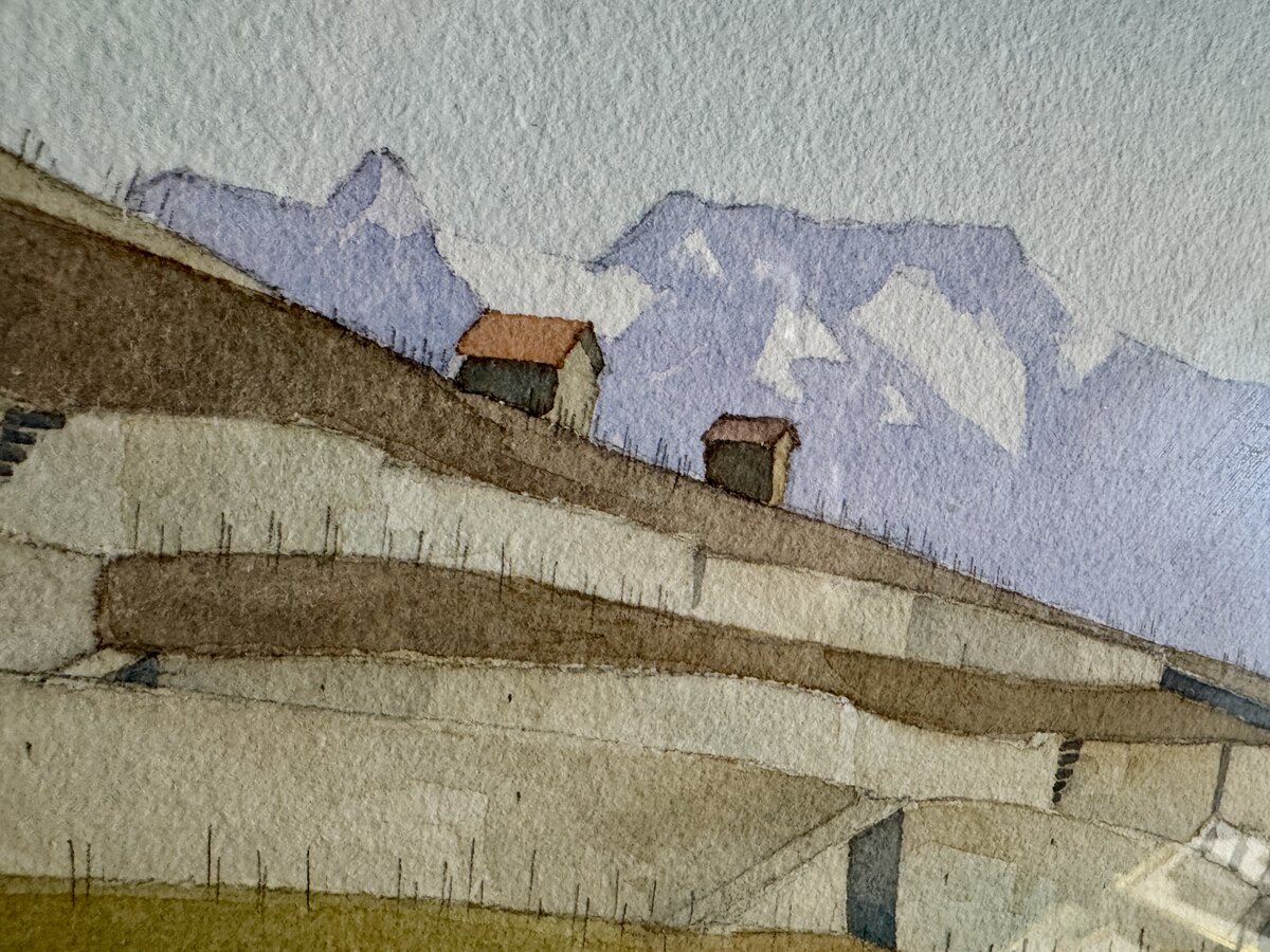 Weinbergterrassen des Lavaux mit Alpenblick über den Genfersee – Original-Aquarell von Michel Tenthorey, 2000 — Inschrift