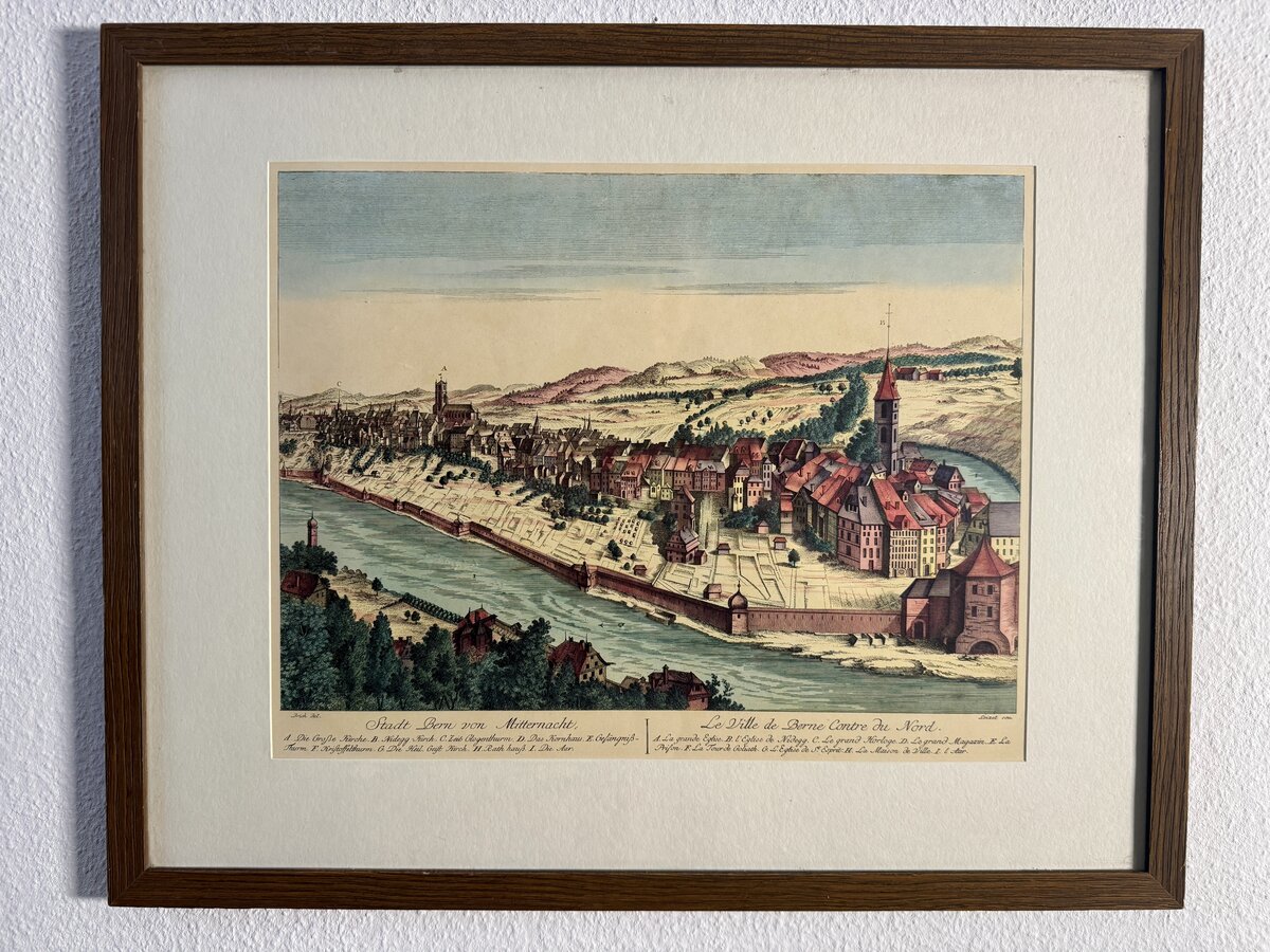 Stadt Bern von Mitternacht – Le Ville de Berne Contre du Nord. Kolorierter Kupferstich der Stadt Bern von Norden, 18. Augsburg um 1780Jahrhundert — Vorderseite
