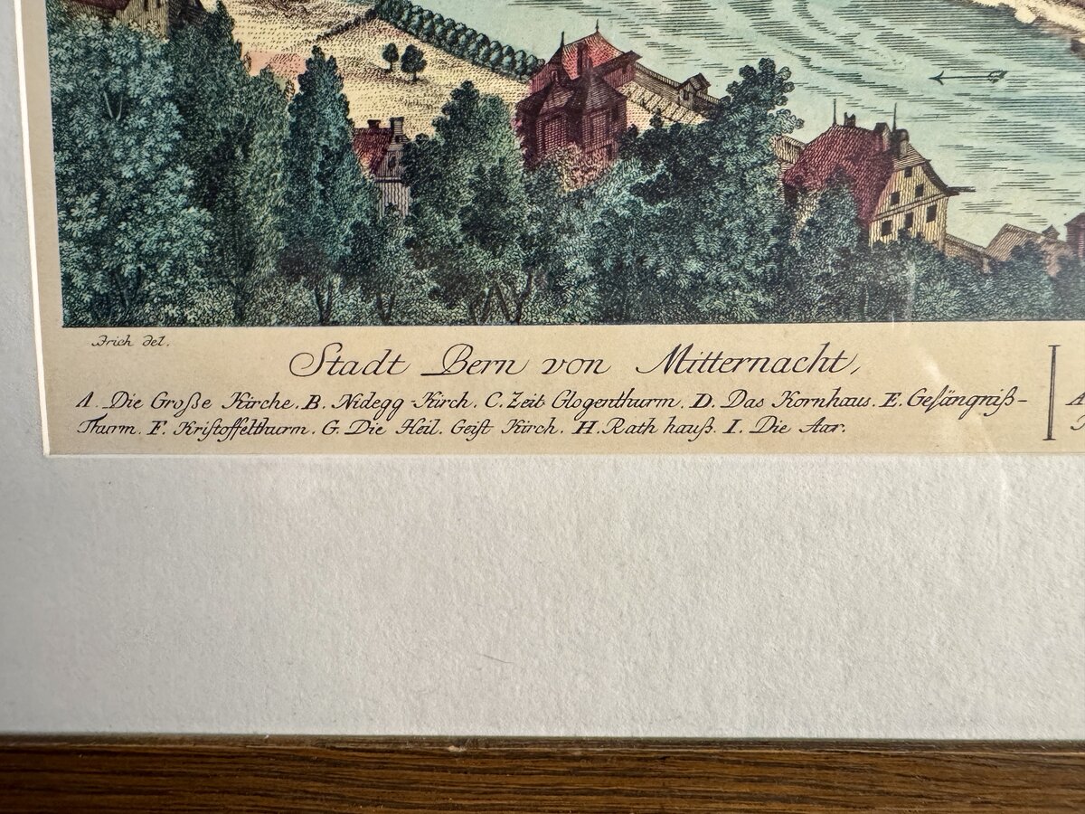 Stadt Bern von Mitternacht – Le Ville de Berne Contre du Nord. Kolorierter Kupferstich der Stadt Bern von Norden, 18. Augsburg um 1780Jahrhundert — detail
