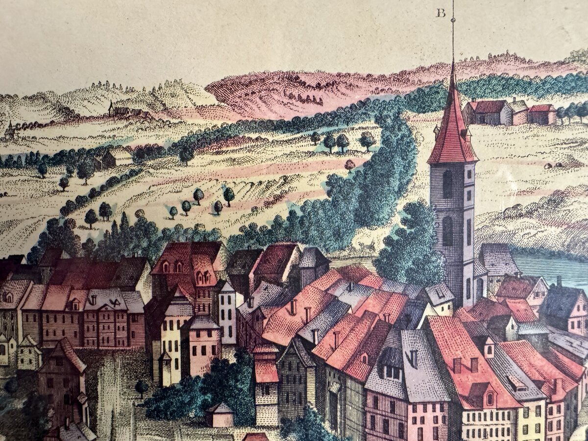 Stadt Bern von Mitternacht – Le Ville de Berne Contre du Nord. Kolorierter Kupferstich der Stadt Bern von Norden, 18. Augsburg um 1780Jahrhundert — detail