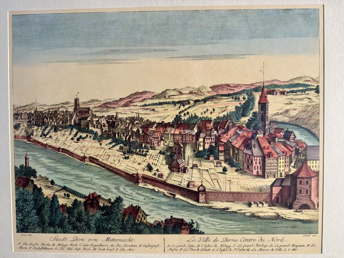 Stadt Bern von Mitternacht – Le Ville de Berne Contre du Nord. Kolorierter Kupferstich der Stadt Bern von Norden, 18. Augsburg um 1780Jahrhundert — detail