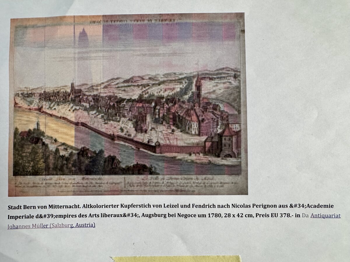Stadt Bern von Mitternacht – Le Ville de Berne Contre du Nord. Kolorierter Kupferstich der Stadt Bern von Norden, 18. Augsburg um 1780Jahrhundert — detail