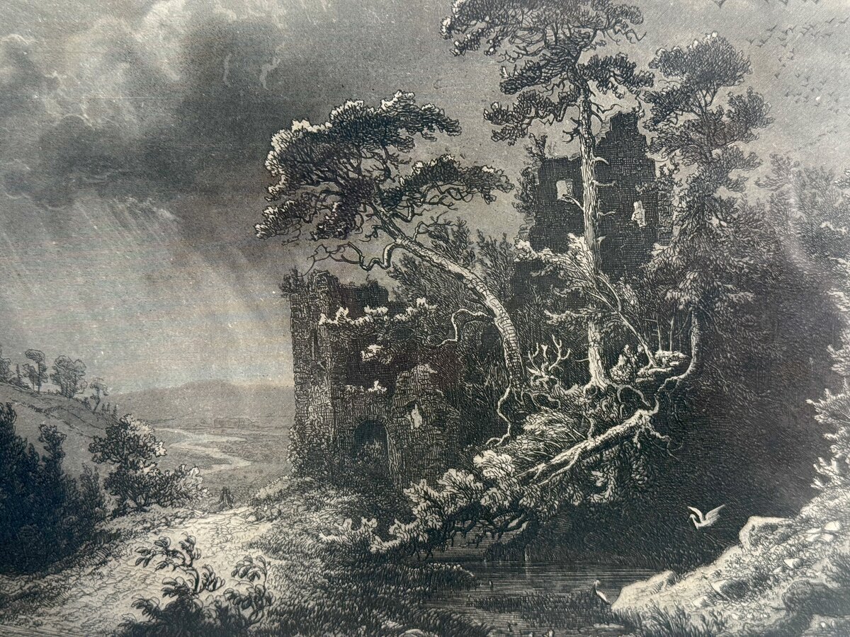 Hüneberg, Kanton Zug – Romantische Burgruine mit Sturmstimmung, Stahlstich von C. Huber — Inschrift